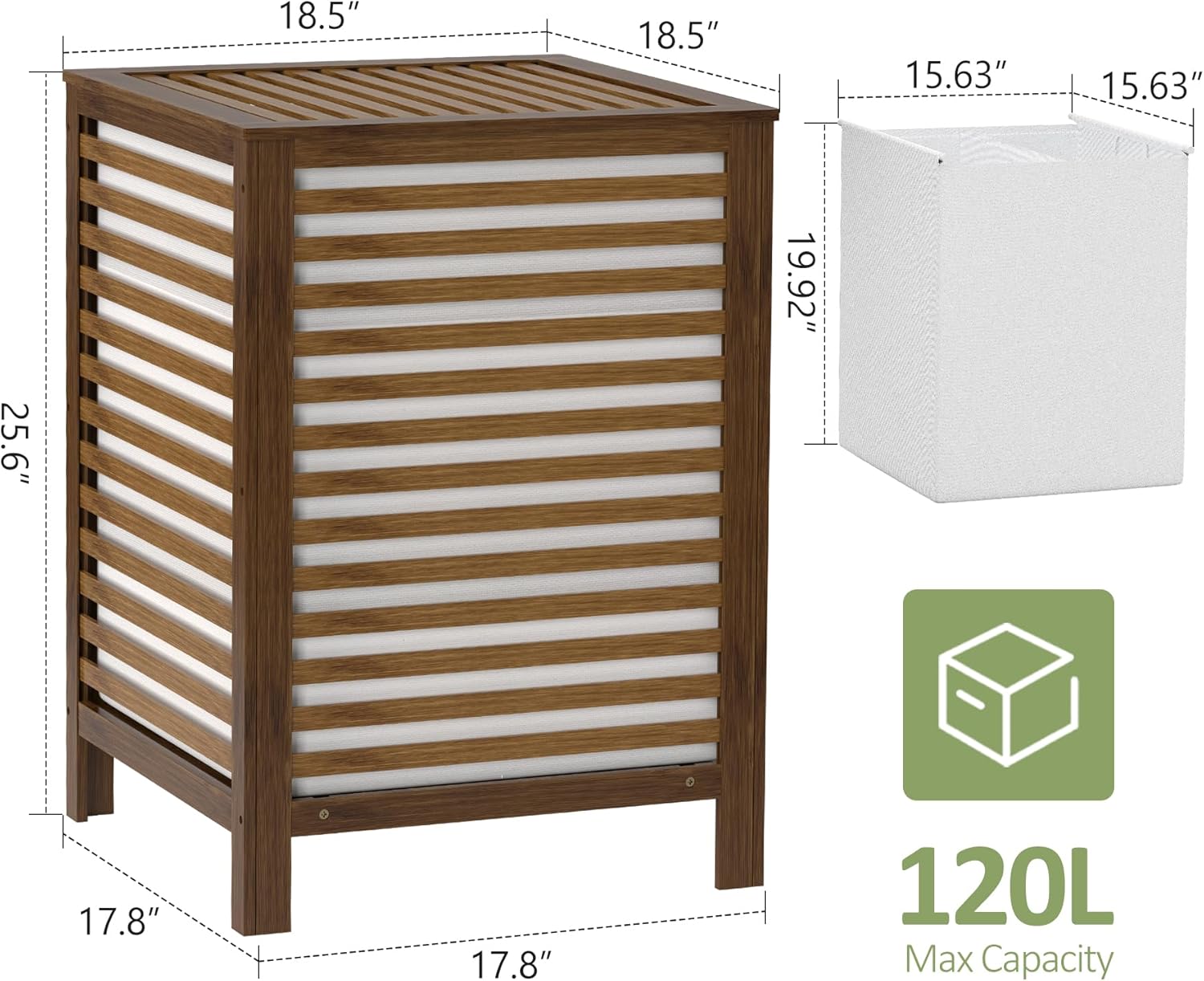 bamboo laundry hamper with lid, 120l large double laundry basket with removable liner bag, 2-section clothes laundry sorter for bedroom, bathroom, laundry room,18.5 x 18.5 x 25.6 in, walnut