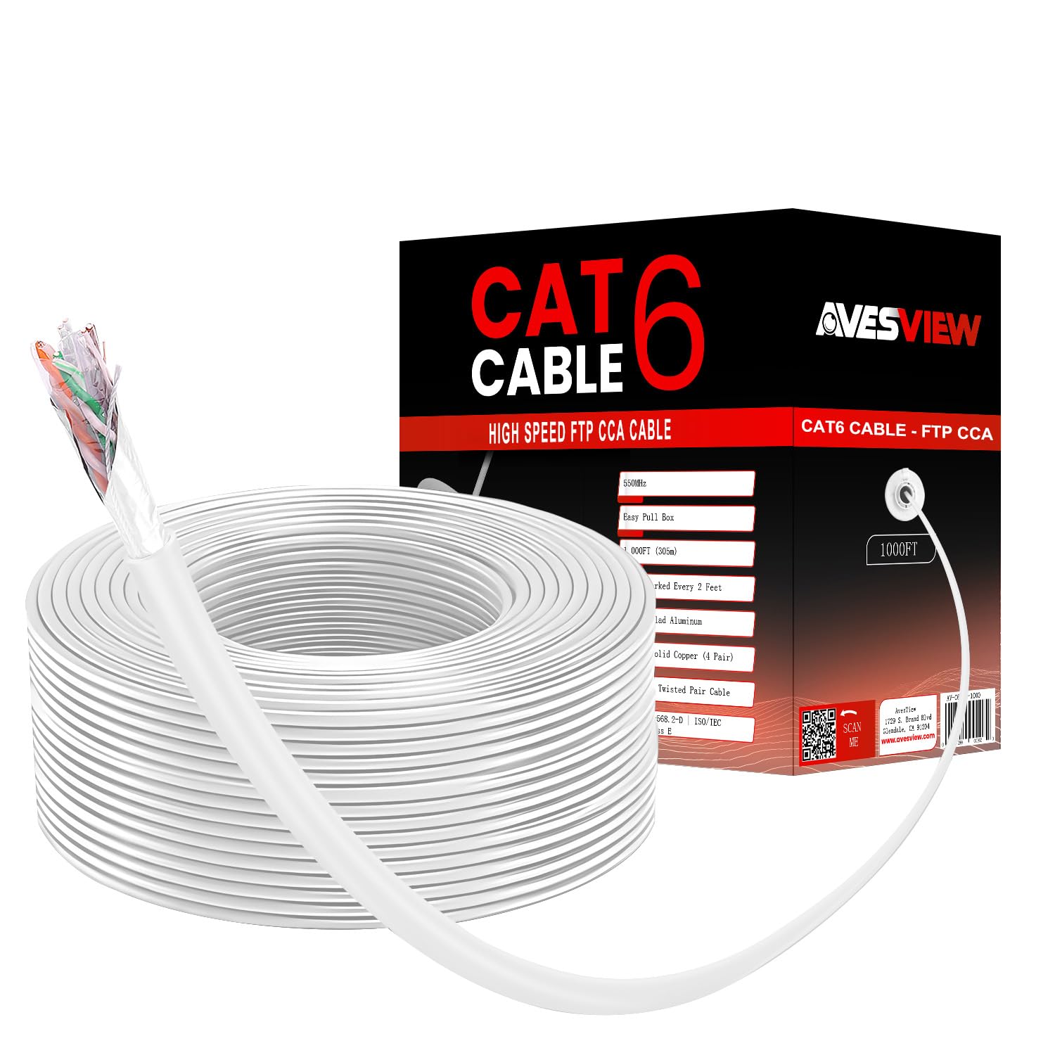 Cable Ethernet blindado CAT6 de 1000 pies para interiores, caja de extracción fácil de 10 Gbps, Cat 6, cable de Internet de alta velocidad, par trenzado laminado (FTP), aluminio recubierto de
