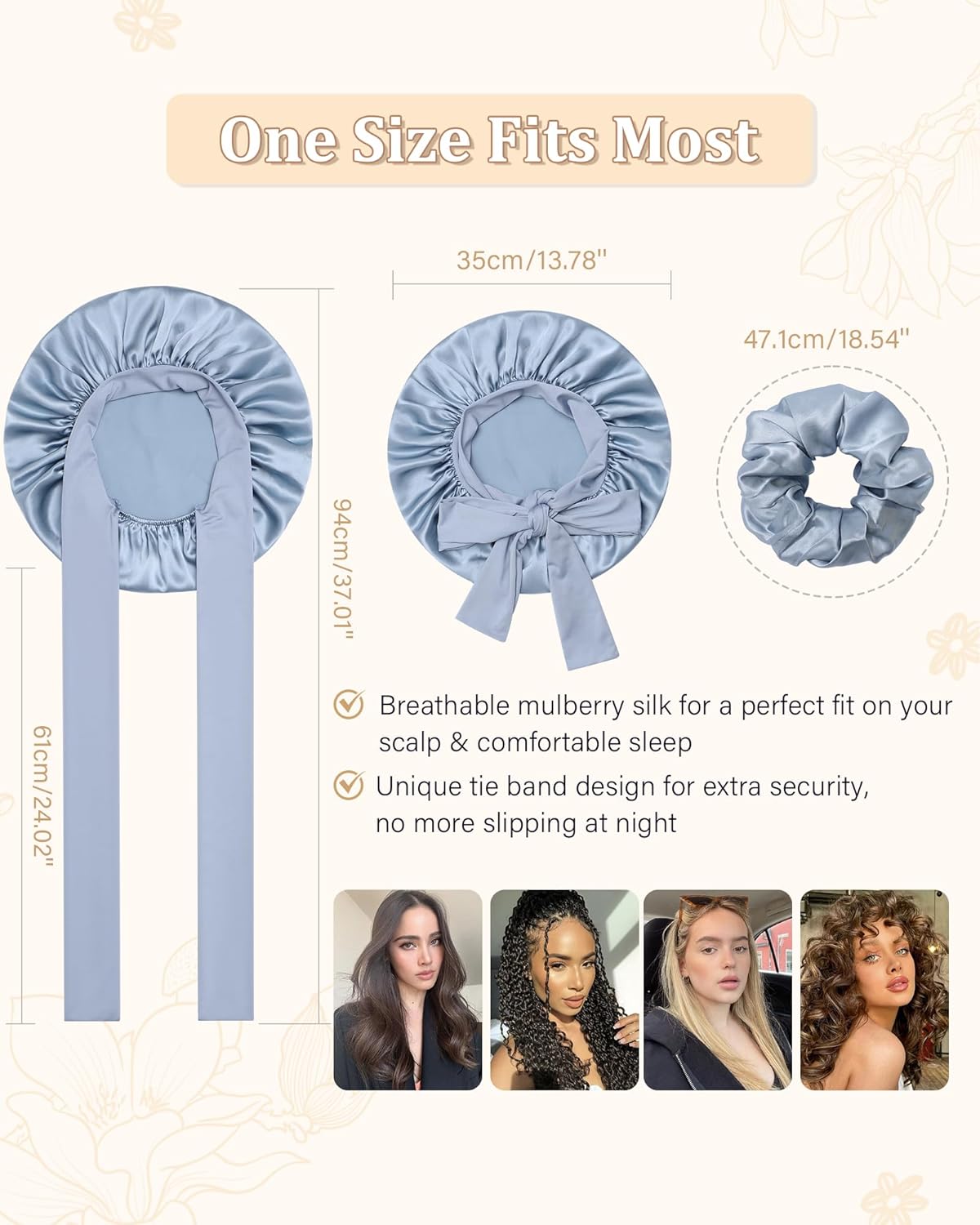 100% Mulberry Silk Bonnet for Women Hair Bonnet for Sleeping with Hair Scrunchy Elastic Tie Band Night Cap(Blue) - Image 2