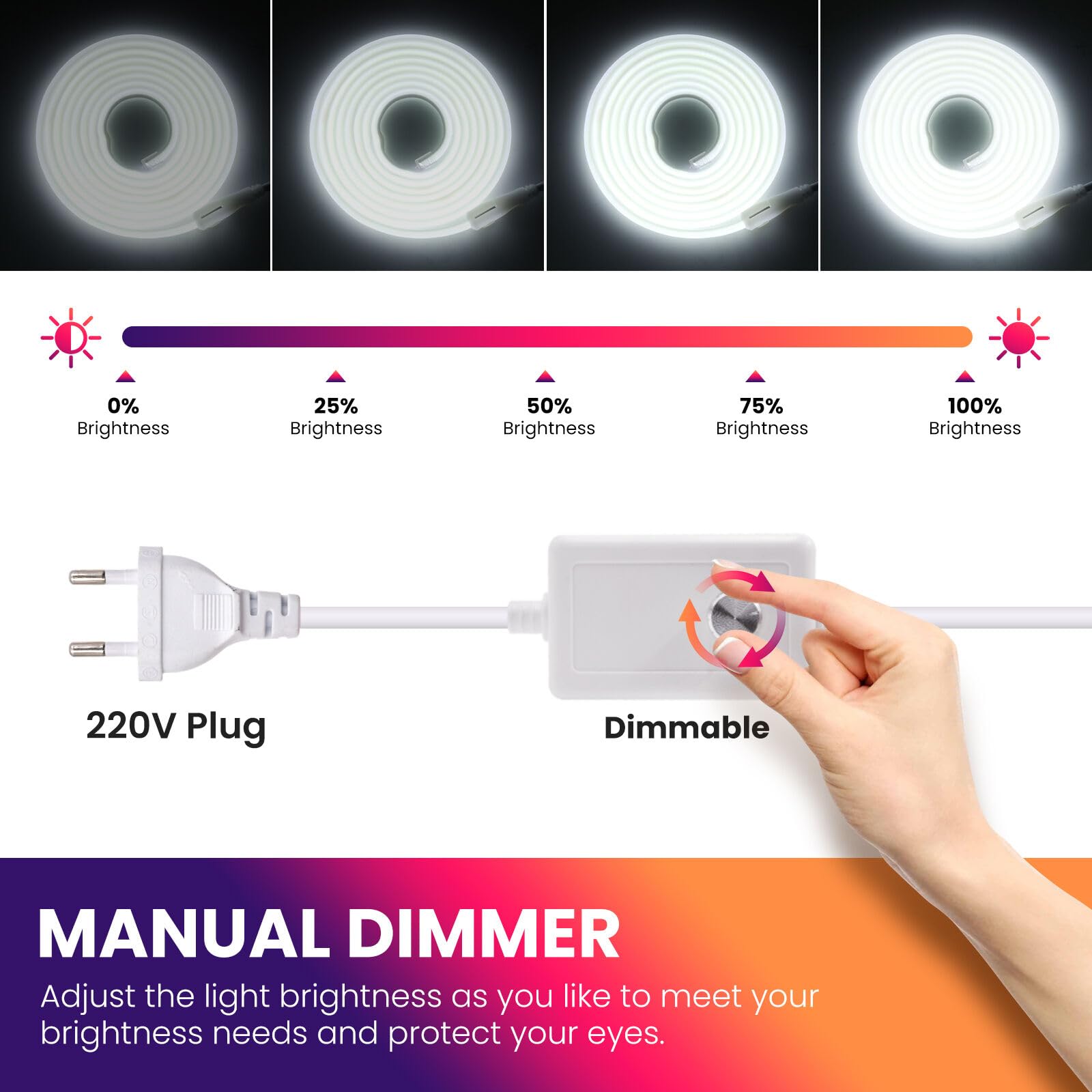 KISUFU COB LED Streifen 230V, 288LEDs/m IP65 Wasserdicht Dimmbar 220V LED Neon Band Strip Light with EU Plug für Außen Home Dekoration, Küche, Spiegel.