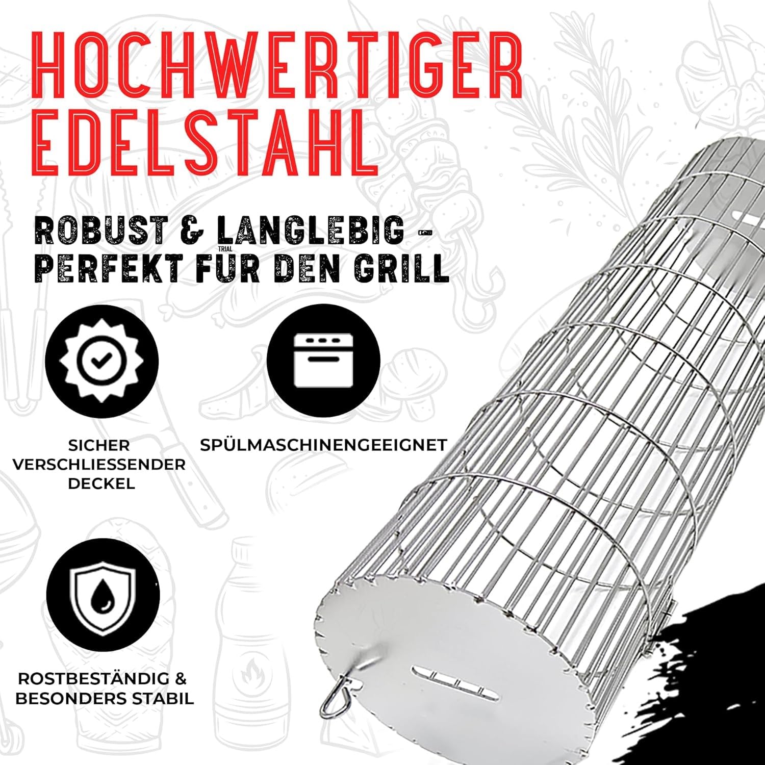 SHIZZO Rollgrillkorb, Stabiler Zylindergrill, Lebensmittelechter Edelstahl, Großer Tragbarer Grillnetzständer Für Camping Im Freien, Kochgriller Für Fisch, 2Er-Set