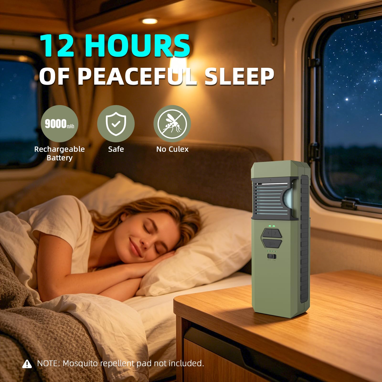 Dispositivo repelente de mosquitos recargable de 9000 mAh, repelente de mosquitos portátil para exteriores con cobertura de 360° para 96 pies cuadrados, calefacción de doble zona y luz LED