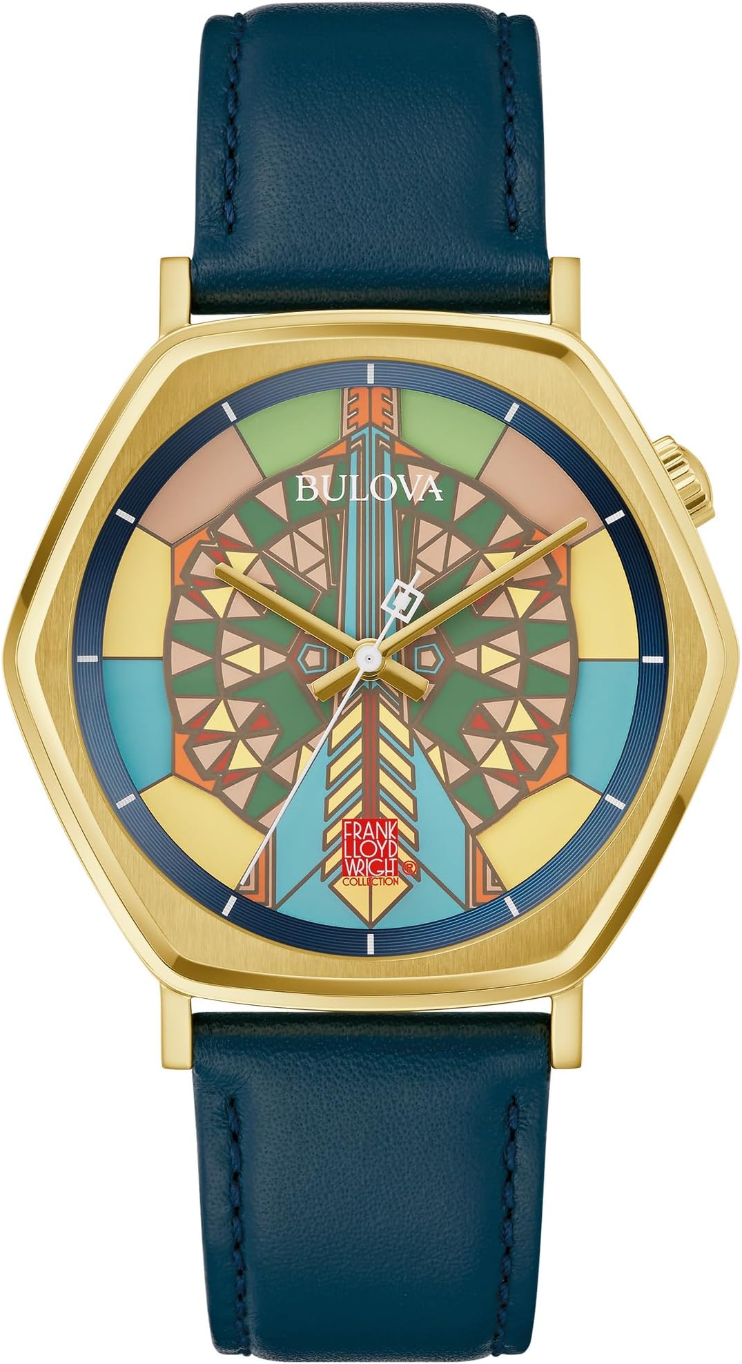 Bulova Men's Frank Lloyd Wright Limited Edition 'Imperial Hotel' Gold Stainless Steel 3 Hand Watch, Blue Leather Strap, and Mosaic Multi-Colored Dial (Model:97A177)