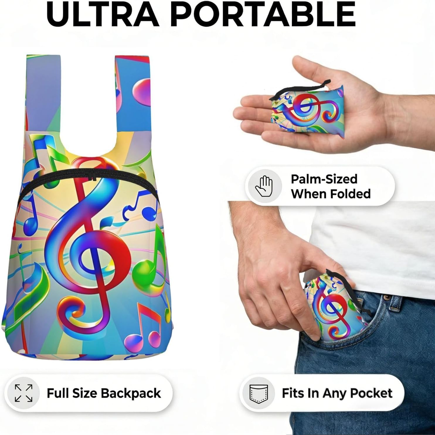 Colorful Music Backpack - Lightweight 16L Foldable Hiking Daypack Packable Back Pack Travel Bag Zipper image 4