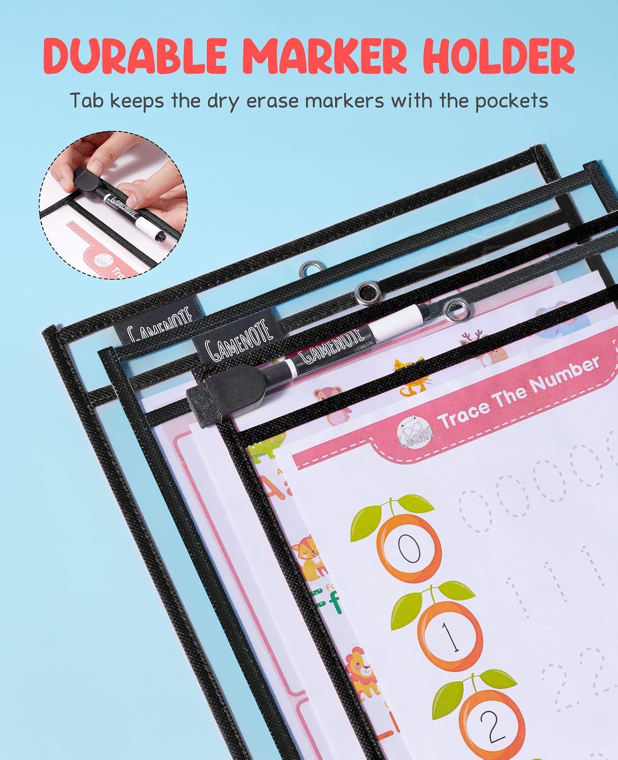 Gamenote Dry Erase Pockets 30 Pack with Rings - Oversized Reusable Plastic Sleeves Shop Ticket Holders Sheet Protectors Teacher Supplies for Classroom Organization (Black)