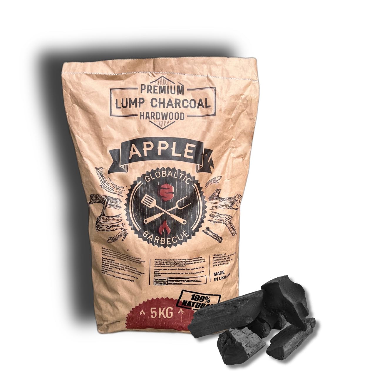 5kg Apple Wood Lumpwood Charcoal by Globaltic - Restaurant-Grade Charcoal for BBQ, Smoking & Grilling - High Heat, Low Ash for BBQ's Smokers