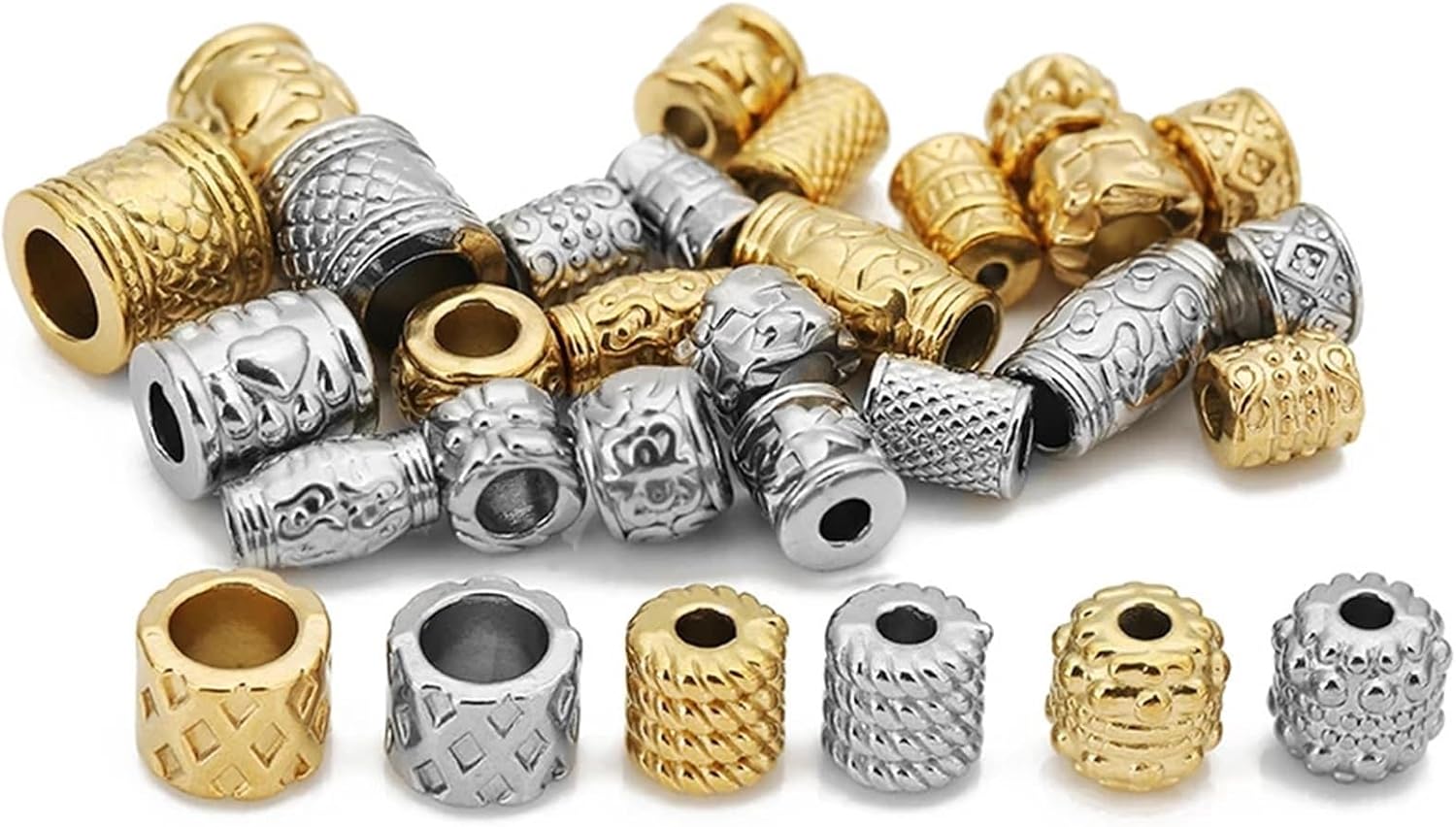 Dnyucen Spacer Beads 50pcsStainless Steel Gold Color Loose Tube Big Hole Spacer Beads(Gold-K)