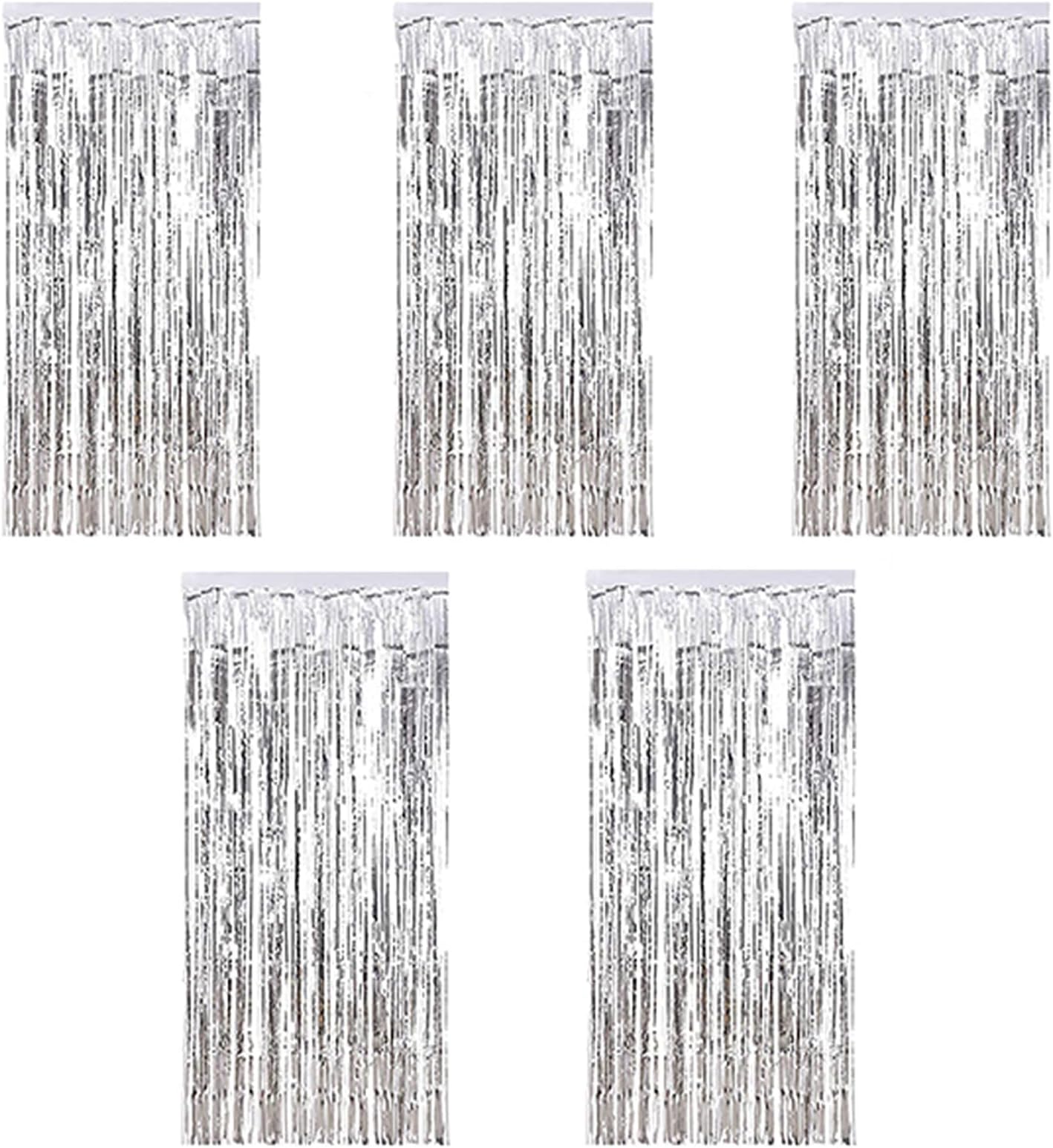 Metallic Tinsel Curtains - Silver 5 Packs, 3 ft x 10 ft, Large Foil Fringe for Photo Backdrop, Door, Wall, Window, Party, Christmas Decoration