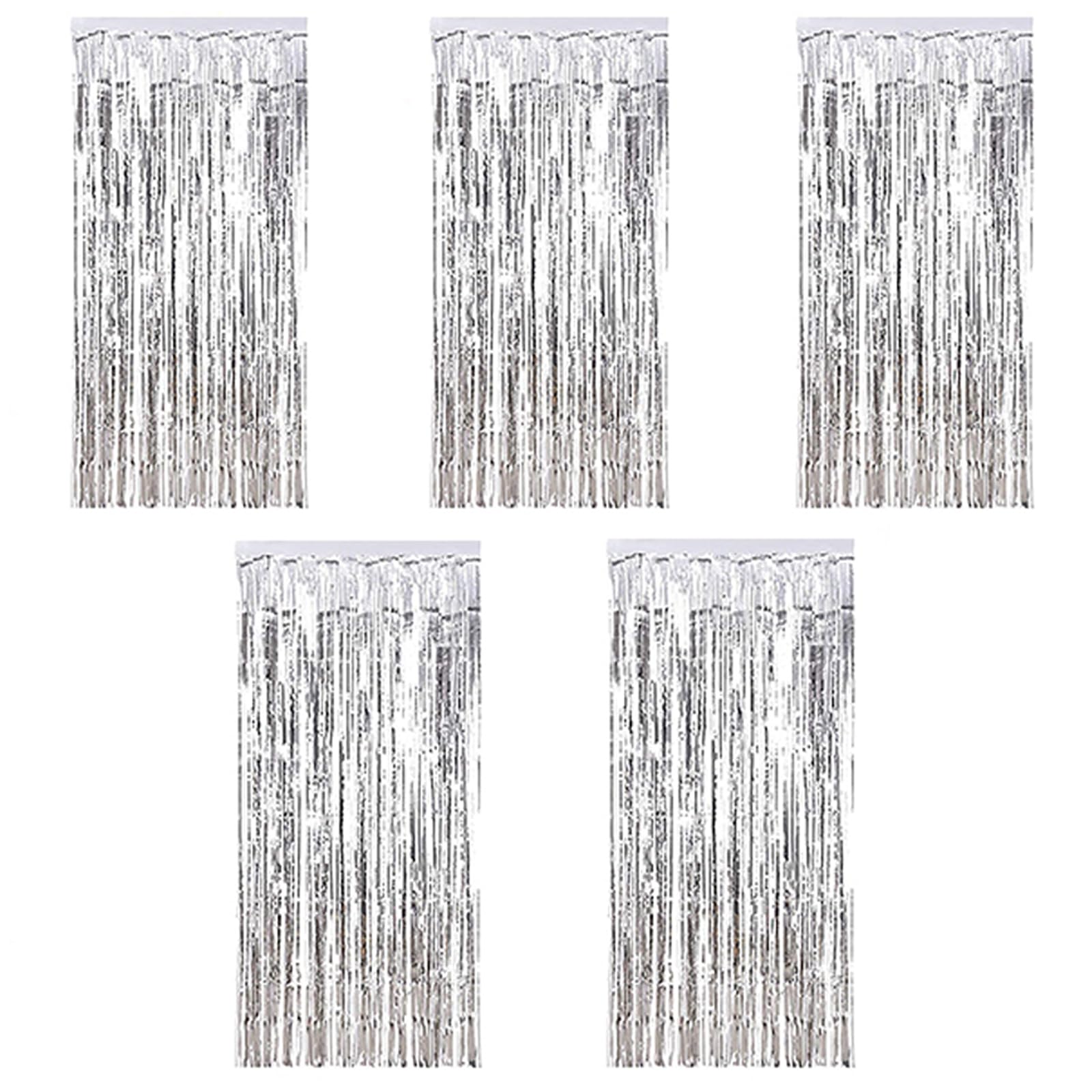 Metallic Tinsel Curtains - Silver 5 Packs, 3 ft x 10 ft, Large Foil Fringe for Photo Backdrop, Door, Wall, Window, Party, Christmas Decoration