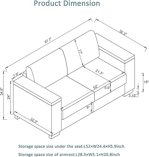 Miniatura 2 de Sofá de cuero azul de 67.7 pulgadas con portavasos, moderno y cómodo sofá de dos plazas tapizado de mediados de siglo con reposabrazos de