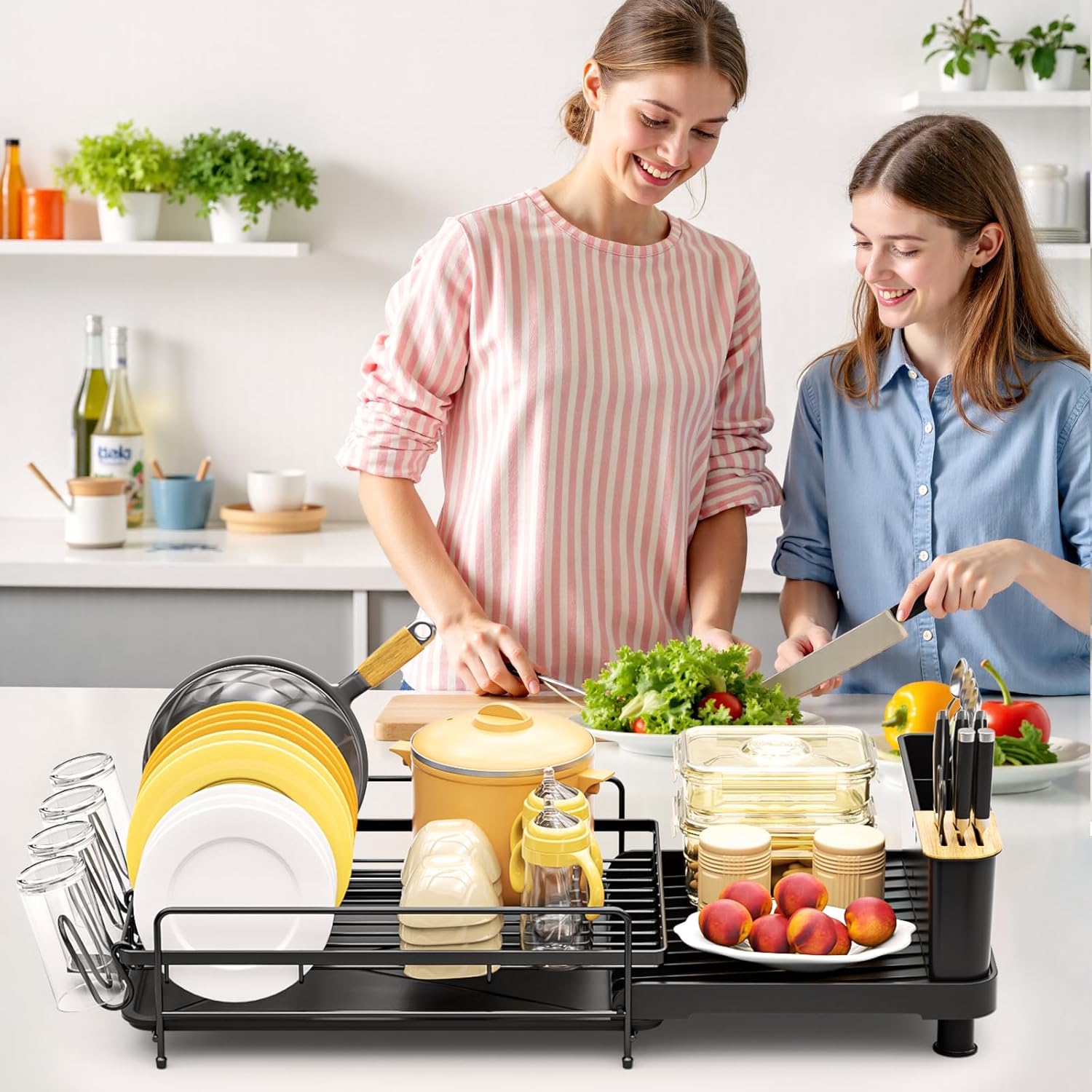 Large Dish Drying Rack, Multifunctional Dish Rack for Kitchen Counter, Expandable Dish Drainers with Drainboard Utensil Holder, Cup Holder, Black