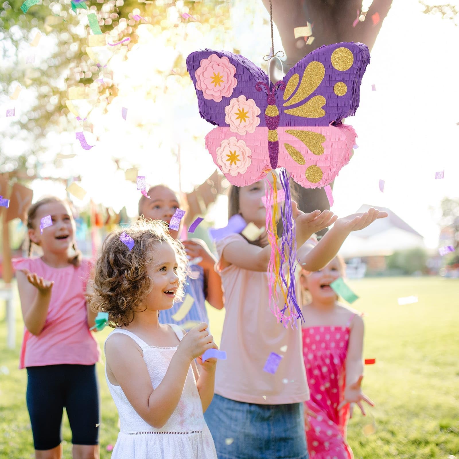 WERNNSAI Farfalla Pinata – farfalla compleanno pinata decorazione ragazza bambini rosa viola fiori piñata con bastone maschera occhi nappa coulisse festa di compleanno decorazione divertente piñata