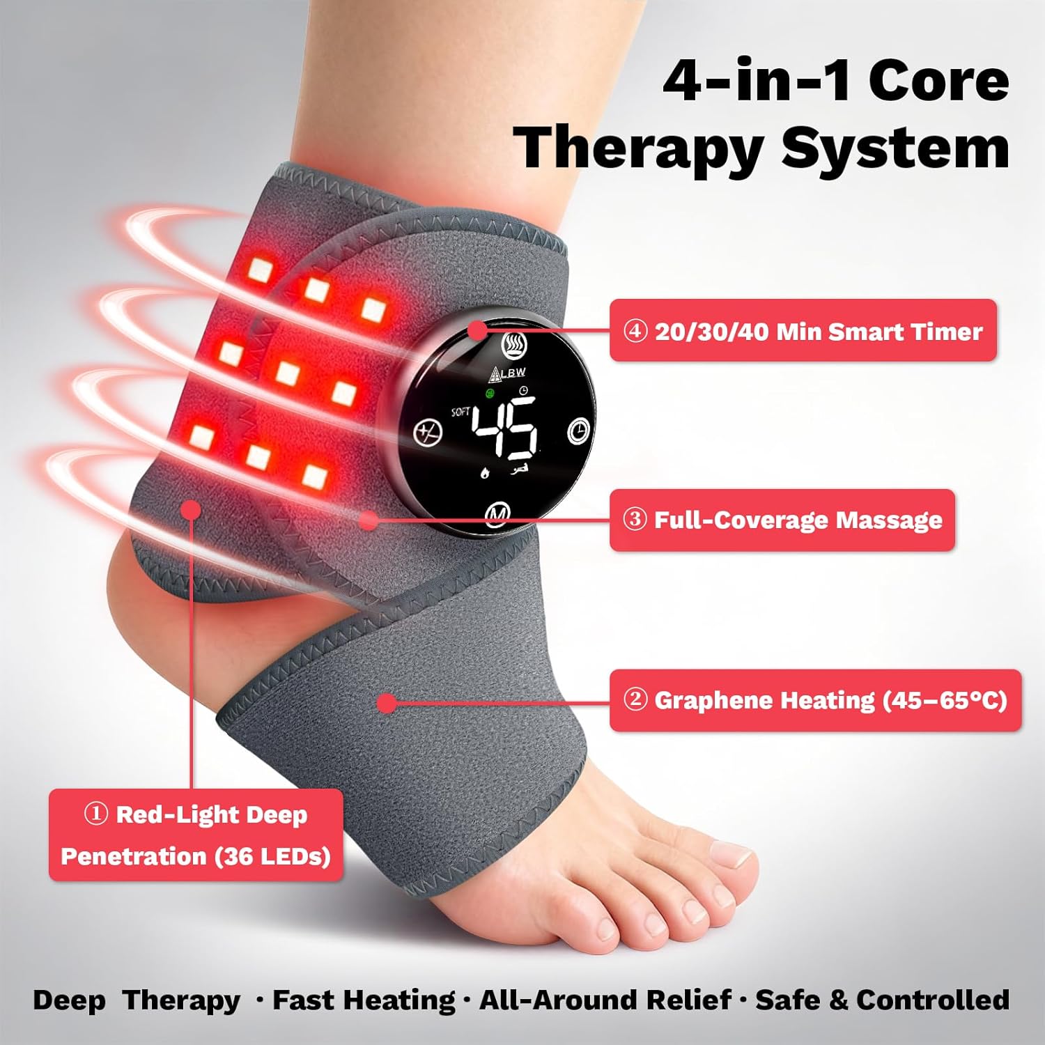 Large Fit Wearable Foot Massager Wrap, Cordless Heated Ankle Massager with Red Light, Portable for Foot Comfort & Circulation Support, 6 Modes 3 Intensities, Multi-Area Use for Foot, Knee & Back