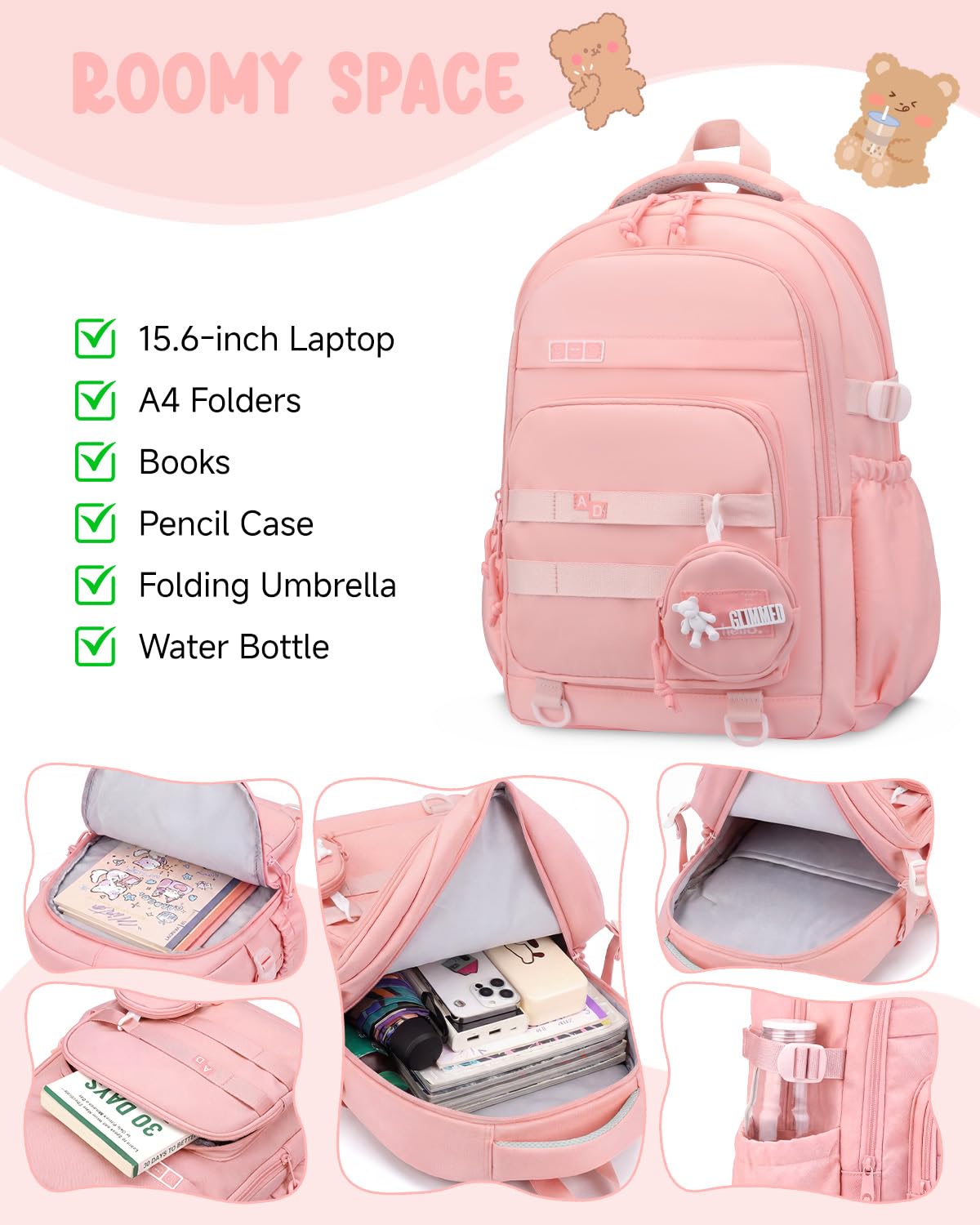 Amythe Zaino Trolley per Ragazza 9-16 Anni, Zaino Bambina Scuola Elementare con Carrello Rimovibile 6 Ruote, 21L Zaini Elementari con Rotelle per Bambine, Rosa