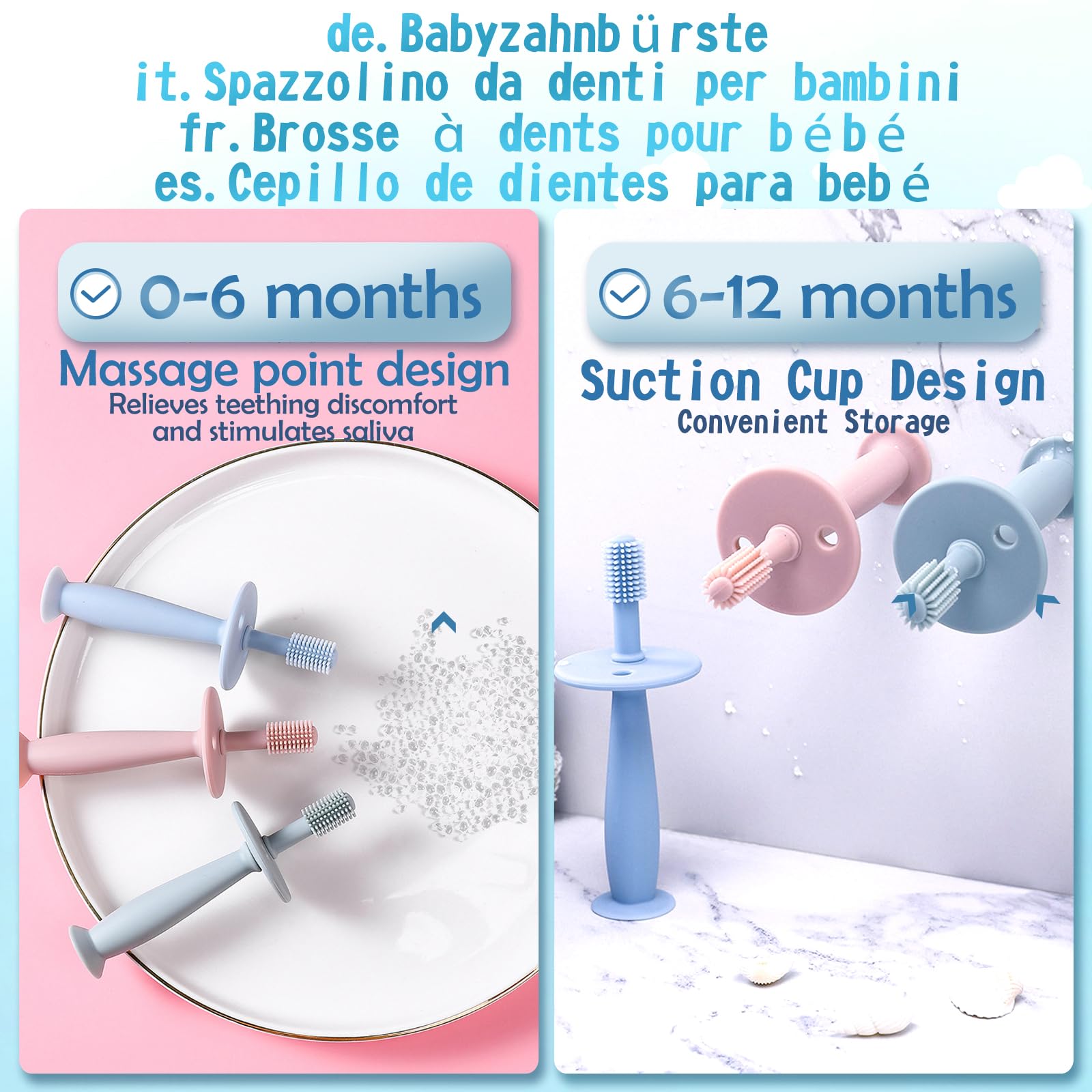 OKOKN 3 Pezzi Giochi Dentizione Neonato, Spazzolino Neonato Pulizia della Lingua, Massaggia Gengive BPA Free, Anello Dentizione Bambini 0-12 Mesi