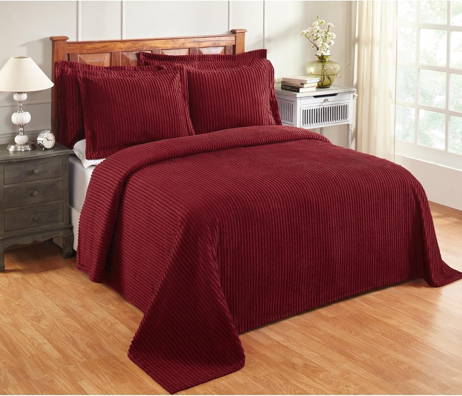 Better Trends Chenille Bedspreads Queen Size, Burgundy 100% Cotton Chenille Stripe Design Tufted Bedding Coverlet Soft Lightweight, 102"x110" 1 Pieces Jullian Collection