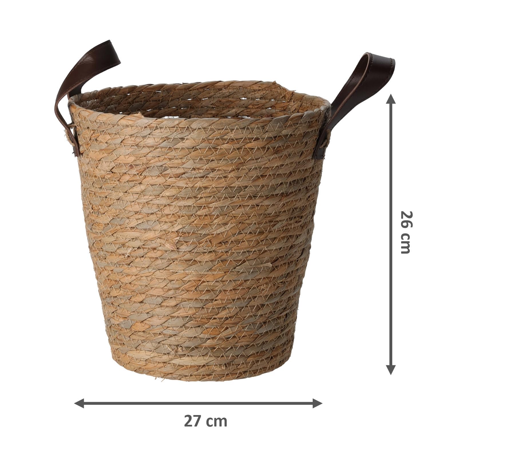 Spetebo Juego de 3 cestas de almacenamiento de algas marinas con asas, 30, 26, 24 cm, juego de cestas de fibras naturales robustas, cesta con asas de piel sintética, multiusos, estantería decorativa