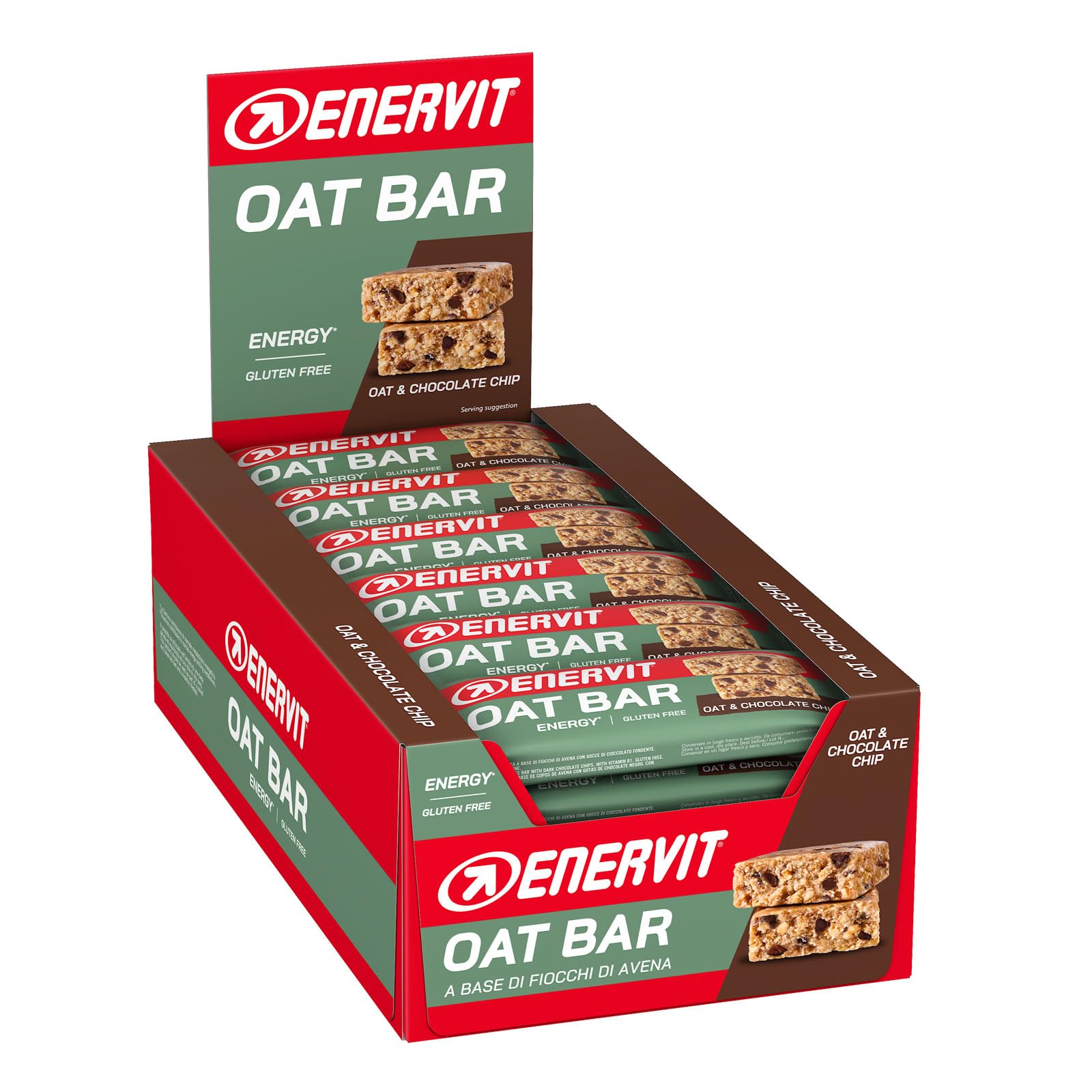 Enervit, Oat Bar Oat & Chocolate Chip, Barretta all’Avena Senza Glutine con Gocce di Cioccolato Fondente, con Vitamina B1, Snack Energetico per Sport Outdoor e Tempo Libero, 25 Barrette da 50g
