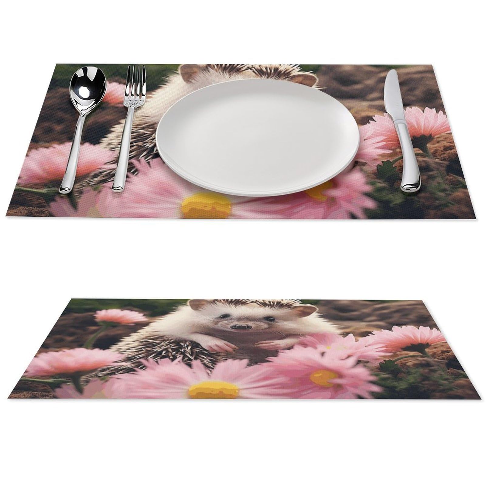 1 PCS Placemats Set PVC Vinyl Woven Table Mats Heat-Resistant Farmhouse Place Mat Non-Slip Washable Cute Hedgehog in Flowers Woven Placemats for Dining Table Kitchen Weddings Party Decor