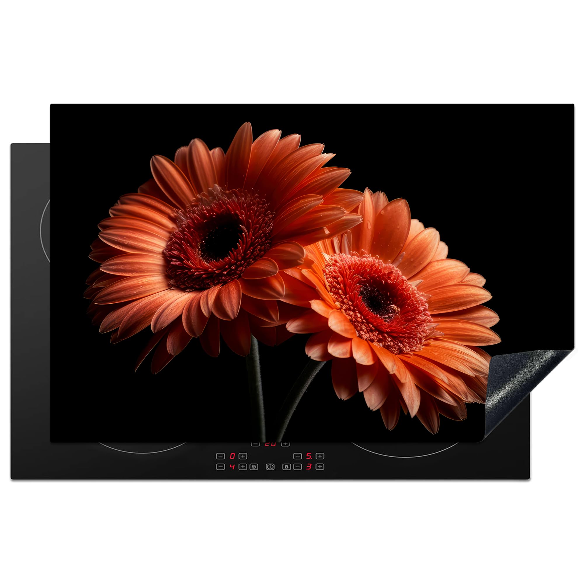 KitchenYeah© Induction Hob Cover Protector Mat 20.8"x32.1" / 81.6x52.7 cm Kitchen Universal Ceramic Covers for Electric Cookers Vinyl Flowers - Botanical - Gerbera - Orange - Black