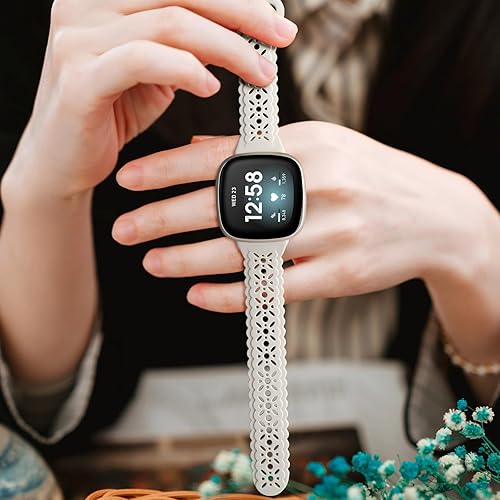 Vista 9 de Dirrelo Correa de encaje compatible con Fitbit Versa 3/Sense/Versa 4/Sense 2 - Correa deportiva de silicona suave ultrafina hueca para mujer