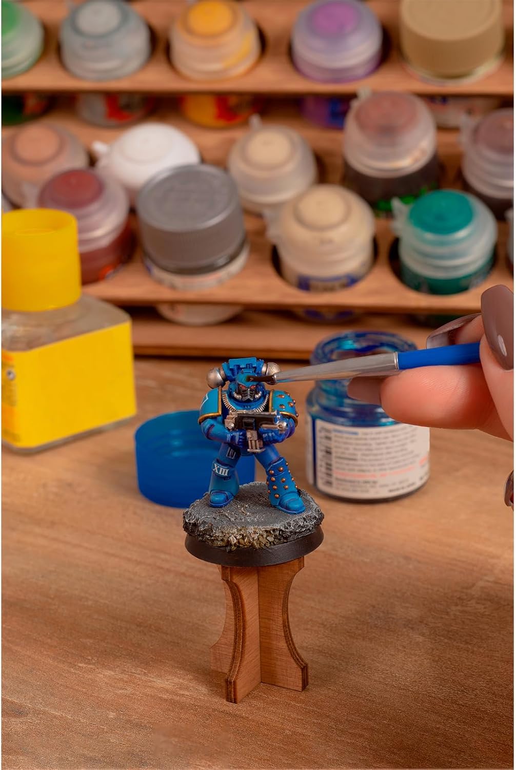 Plydolex Citadel Paint Organizer for 87 Bottles and 14 Brushes - Works for 10 ml Tamiya & 24 ml Citadel - Plywood Paint Rack with 6 Miniature Painting Stands for Warhammer 40K, DnD & Other Minis