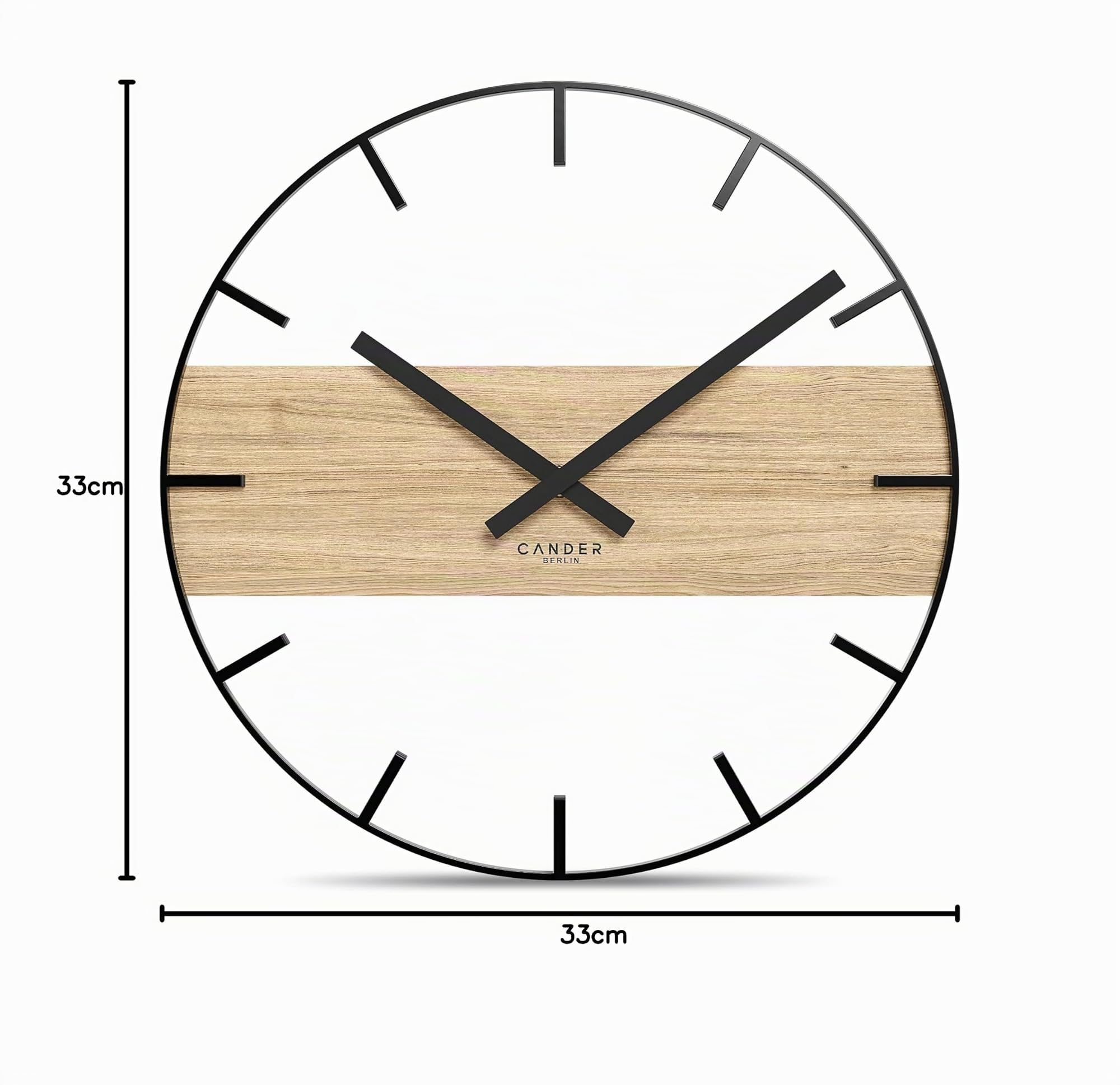 Cander Berlin MARLIT Vintage Wanduhr lautlos 33 cm Metall Holz Eichenfurnier ohne Tickgeräusche modern schwarz Wohnzimmer