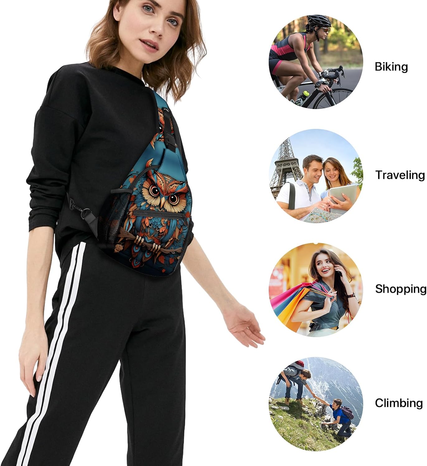 Owl Sling Bag travel Crossbody Backpack Casual Daypack for Women with Strap Lightweight Outdoor Hiking Climbing Runners