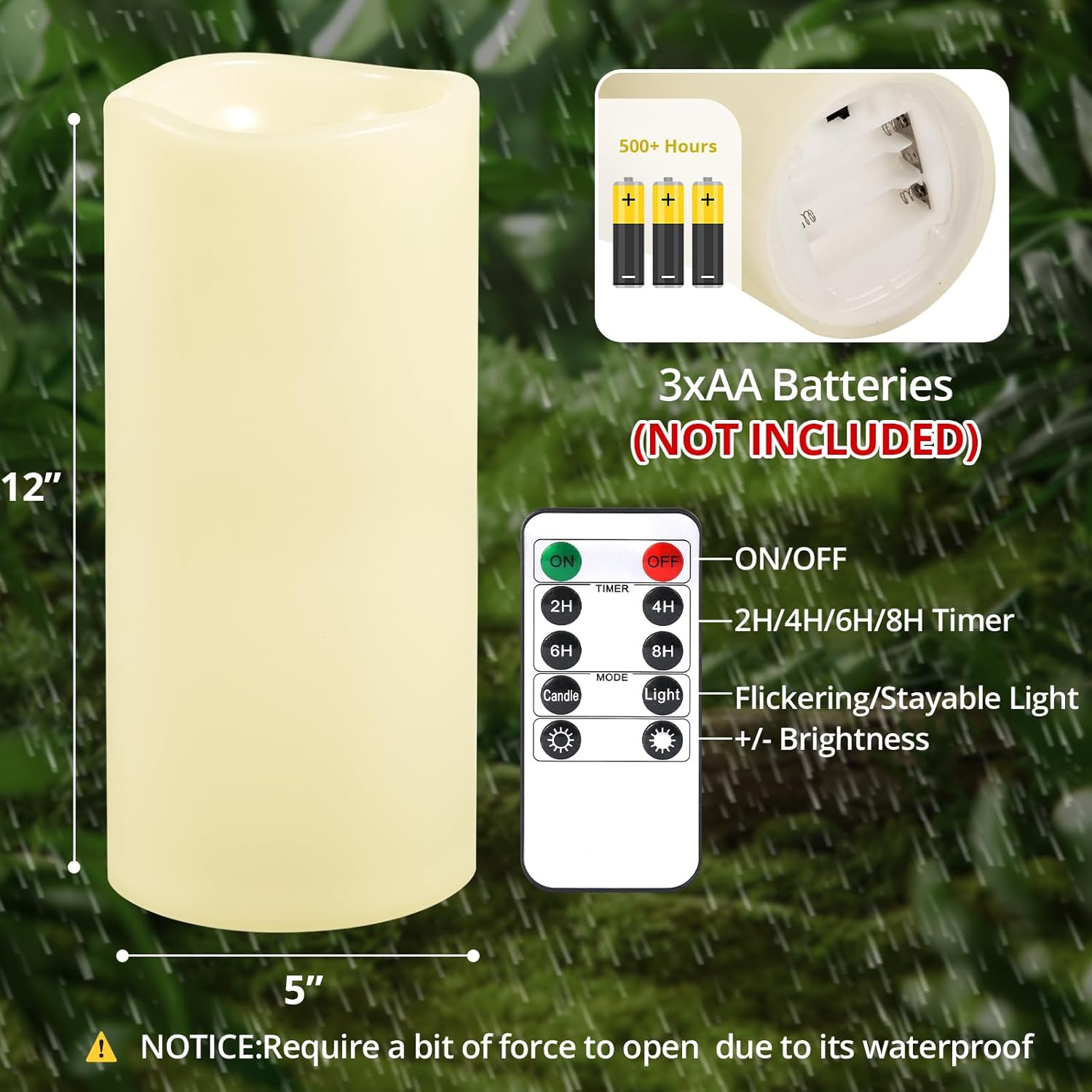 NURADA Large Outdoor Flameless Candles 12" x 5" - Waterproof LED Pillar Flickering Candle Battery Operated with Timer Remote Control for Patio Porch Lanterns Decor - Long Lasting Set of 2 - Image 8