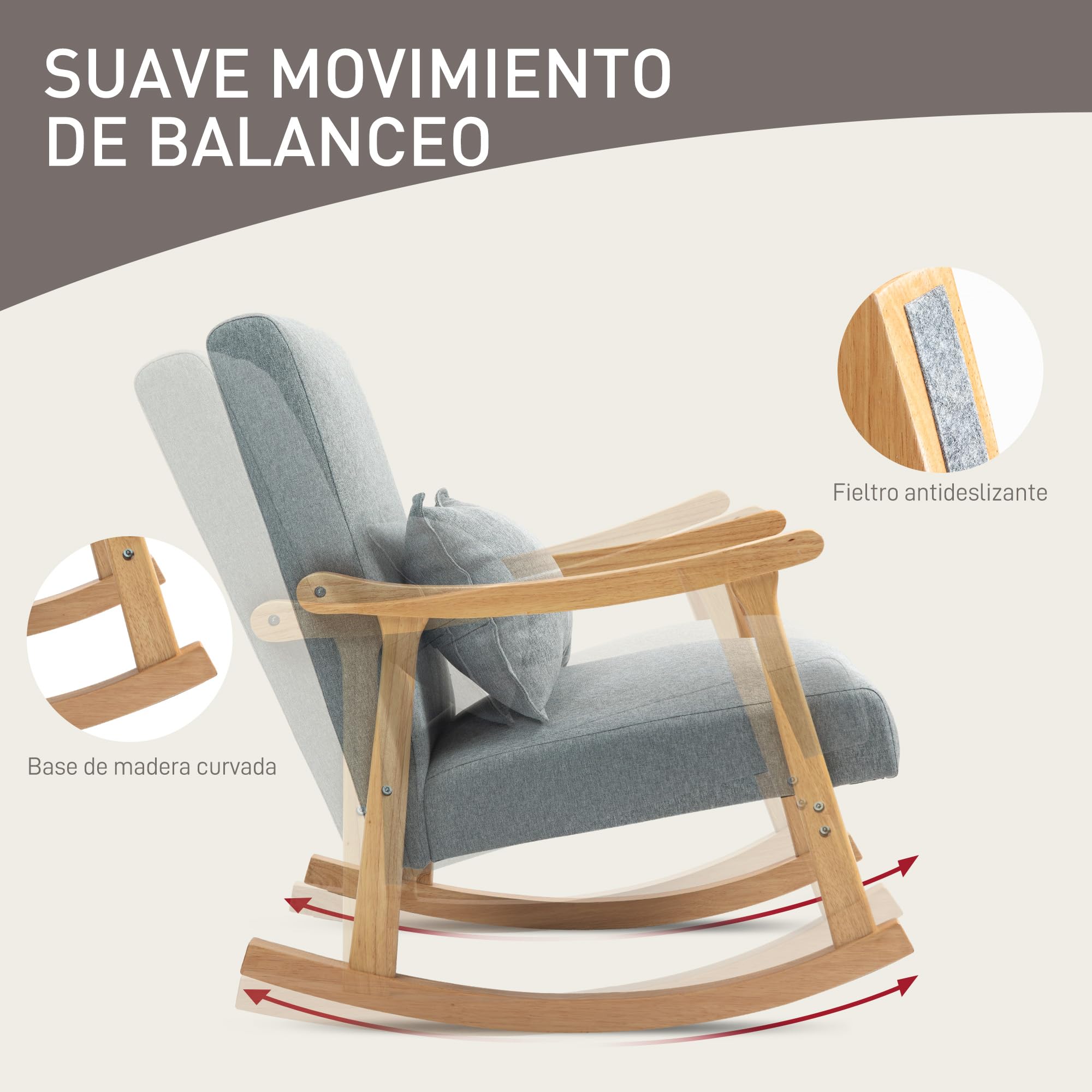 HOMCOM Silla Mecedora Moderna Mecedora para Lactancia con Cojín Lumbar Respaldo Amplio y Base de Madera Carga 120 kg Sillón Relax para Salón Dormitorio Gris Claro