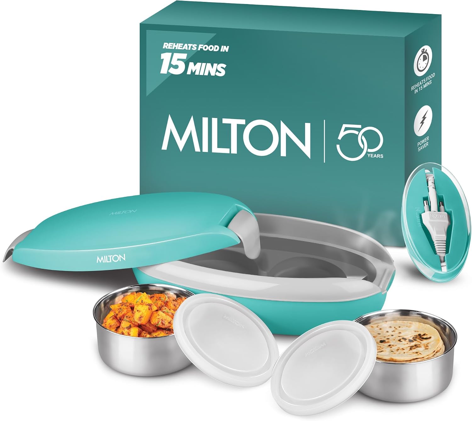 MILTON Swiftron Stainless Steel Electric Tiffin Box, Set of 2, (260 ml Each), Aqua Green | Food Grade | Double Walled | Auto Cut off | Reheats food