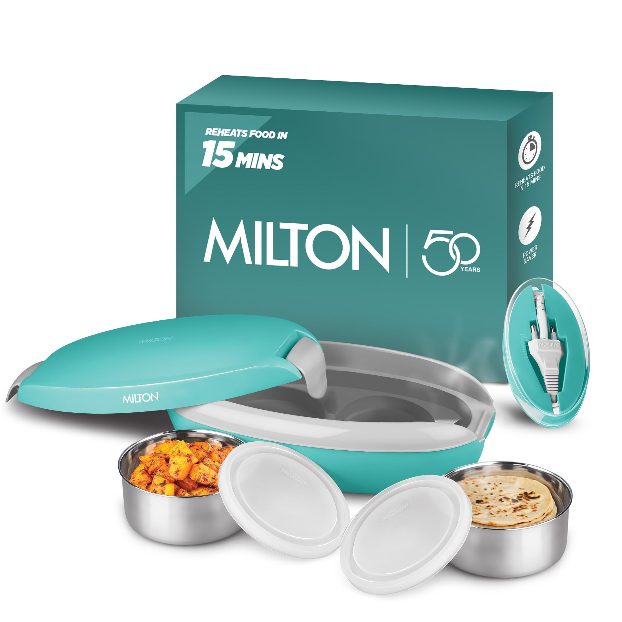 MILTON Swiftron Portable Electric Lunch Box I 2x260 ml Stainless Steel Containers I Auto Shut Off I Cool Touch Shock Proof Body I Warm Food Ideal for Office, Hostel, Travel I Aqua Green