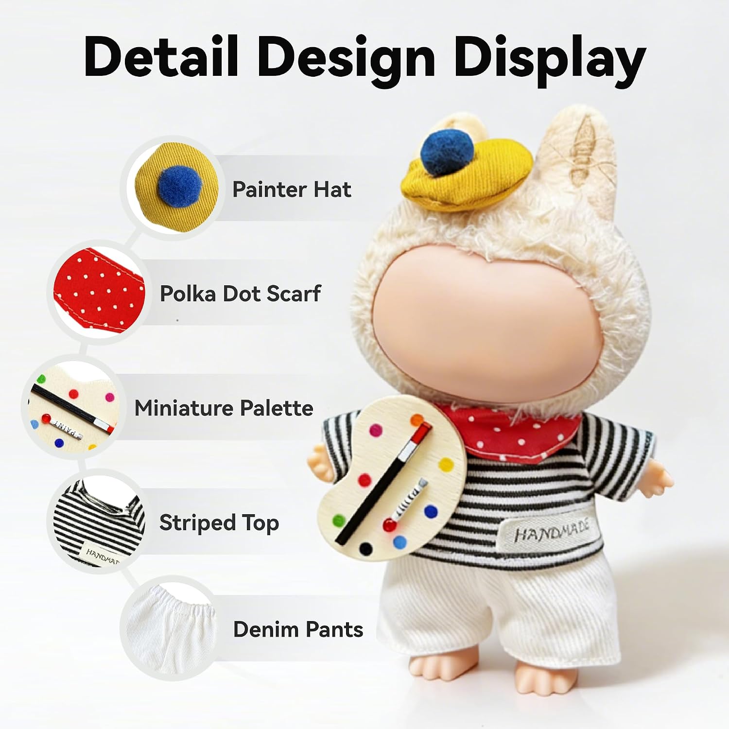 Artist Style for LABUBU Clothes or LABUBU Outfits, 5-Piece Little Painter Set: Striped Top, Denim Pants, Painter Hat, Polka Dot Scarf & Miniature Palette for Collectible Dolls. image 2