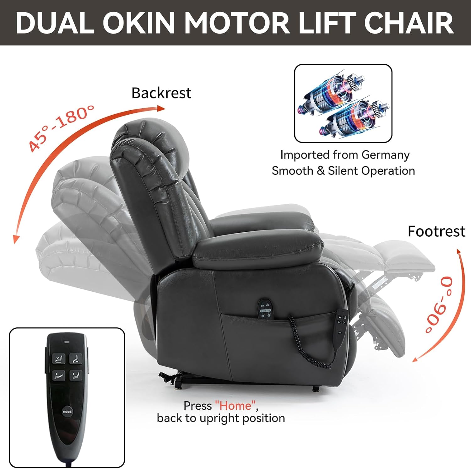 Dual Motor Power Lift Chair,Lay Flat Recliner Chair,Electric Recliner with Massage and Heat for Elderly,Remote Control,Infinite Position,Standing Assistance Faux Leather Grey
