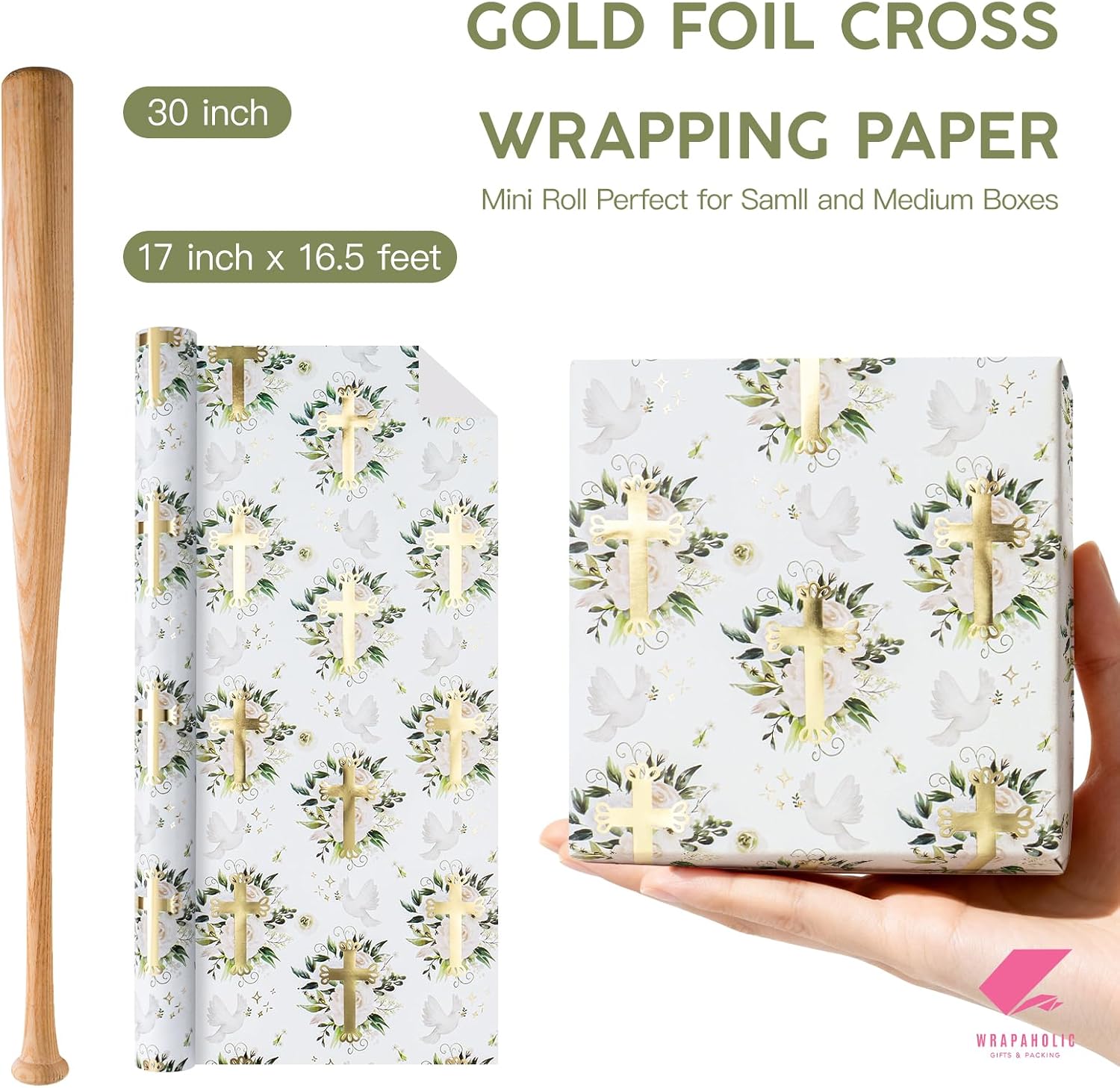 WRAPAHOLIC Cross Wrapping Paper Roll - 17 Inch x 16.5 Feet - Elegant Gold Foil Cross and White Dove Floral Wrapping Paper, Perfect for Easter, Baptism, Confirmation, First Communion, Spring