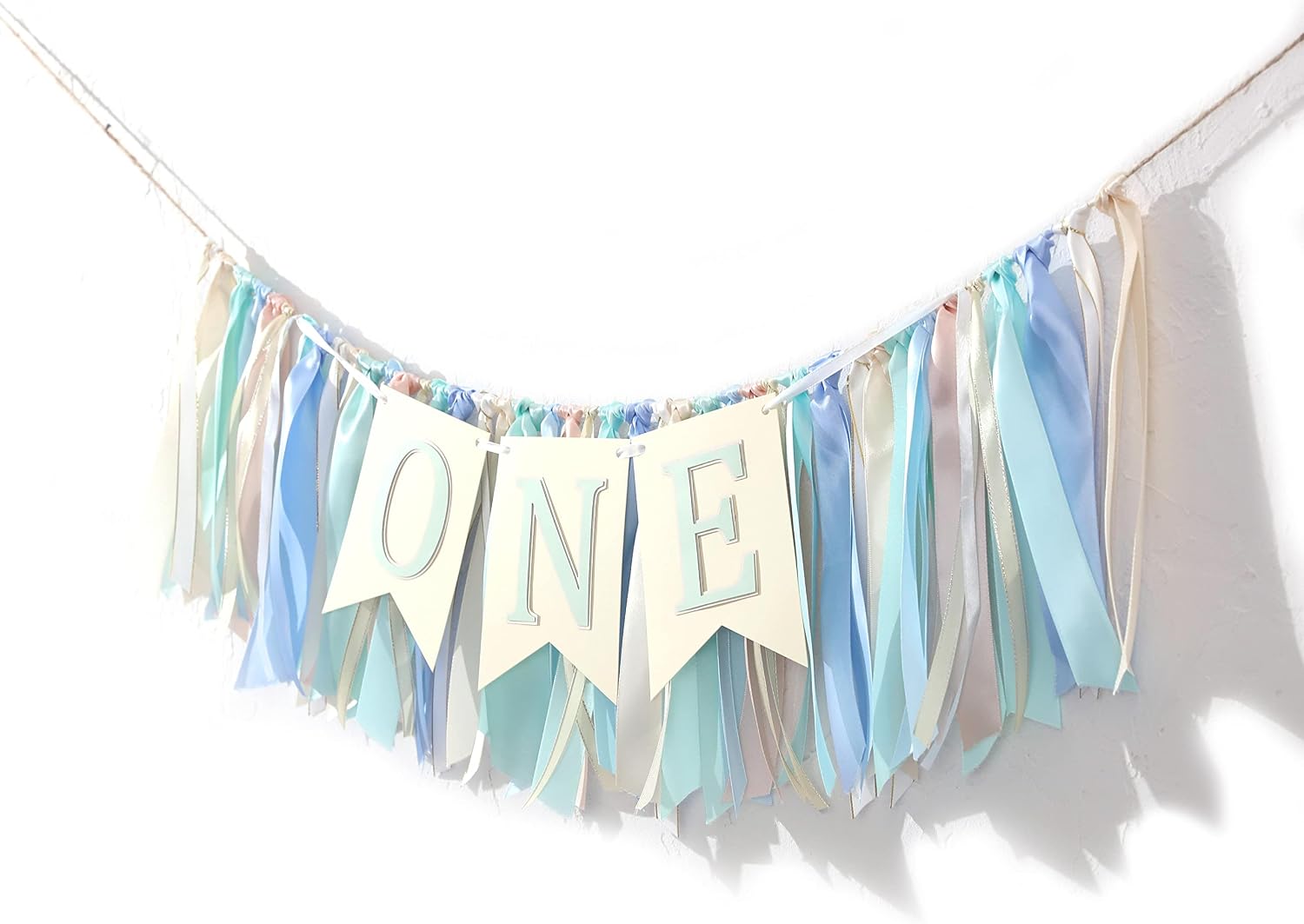 Blue and Green 1st Birthday Banner - One Highchair Banner for 1st Boy, Greenery Party Decorations, First Birthday High Chair Banners for Kids, Baby One Party Photo Props (Blue and Green)