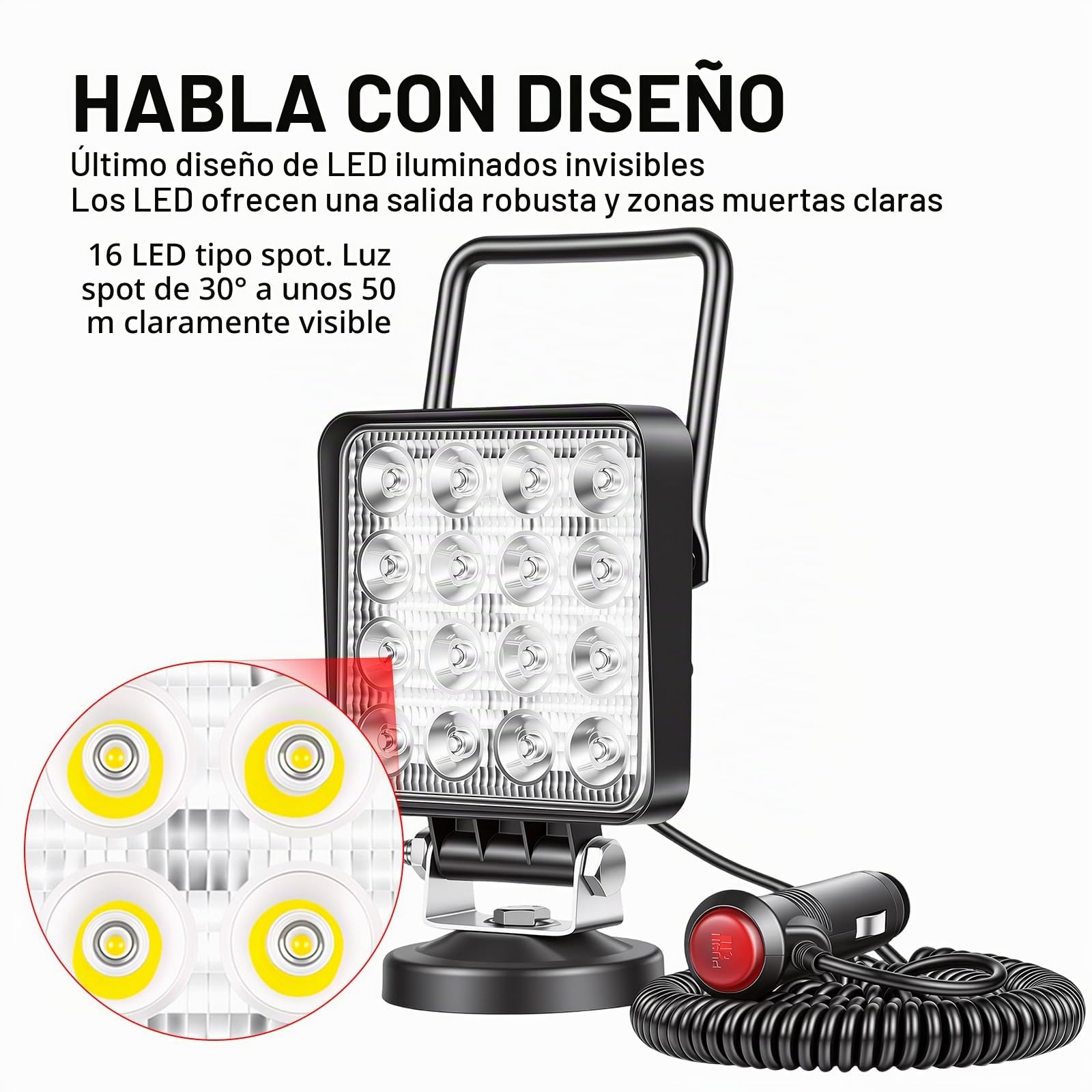 RIGIDON 4 Pulgadas 48W luz de trabajo led con base magnética, Spot Lámpara Trabajo led Portatil 12V 24V para Off Road camión Coche SUV 4x4, Faro Foco led con imán 6000K Blanco