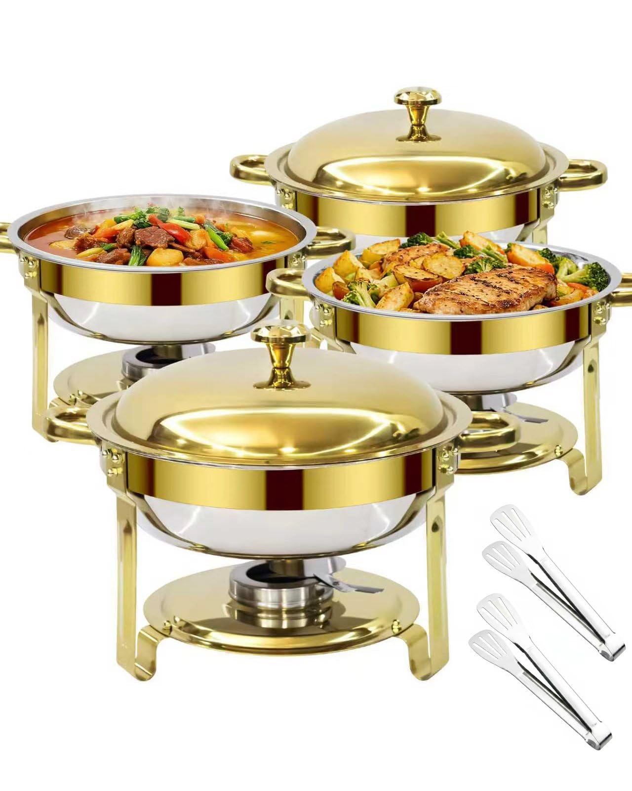 6L Scaldavivande per buffet, Chafing Dish Rotondo in Acciaio Inox, 4 Pezzi | Scaldavivande Buffet per Alimenti Caldi e Freddi con Portacoperchio, per Catering Ristoranti Feste Matrimoni, Oro e Argento