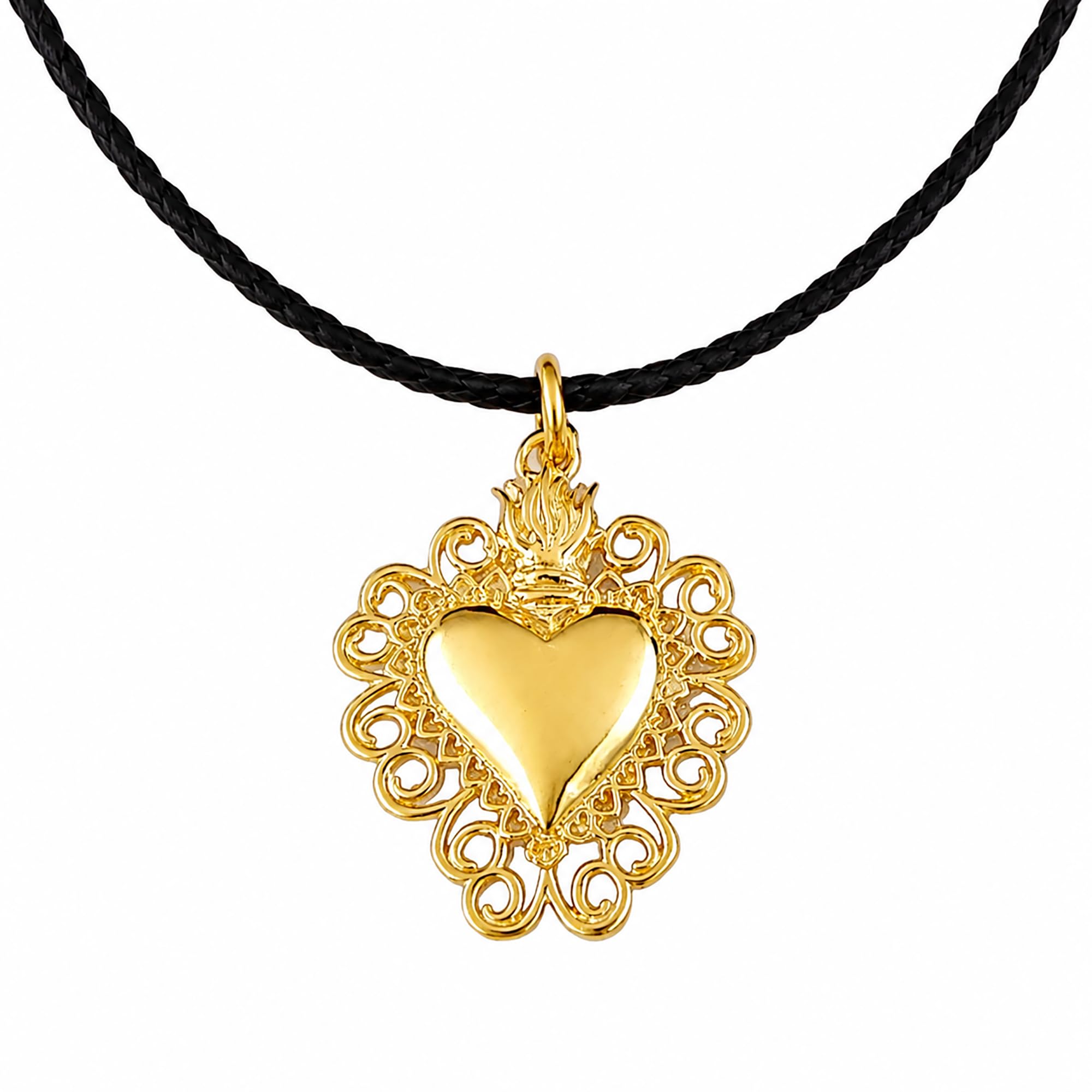 Gioielli Aurum Collana Sacro Cuore in Argento 925, Ciondolo Dorato, Cordino in Pelle Nera, Gioiello Religioso Unisex, Regalo Uomo Donna