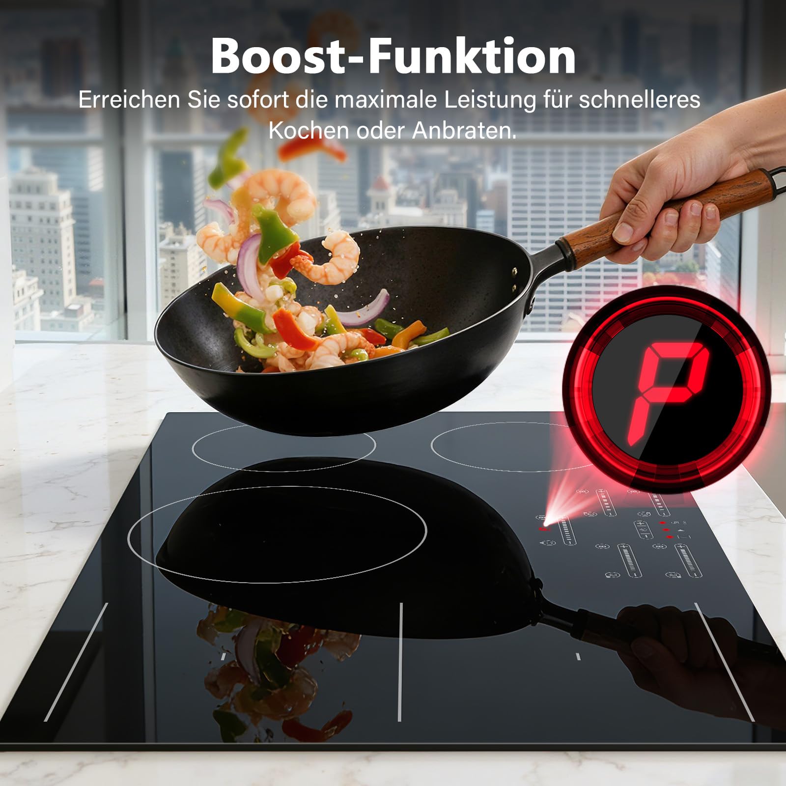 Induktionskochfeld 77 cm mit 5 Platten & 1 Flexzone, 9500 W, 9 Leistungsstufen mit Booster-Funktion, Touch-Slider-Bedienung, Timer 1-99 Min, Einbau-Kochfeld