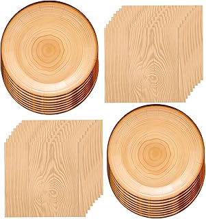80Pcs Rustic Wood Grain Party Set - 7" Paper Plates, Wood Slice Napkins for Camp Fire, Camping, Baby Shower, Lumberjack Birthday Party Decorations - Serves 40