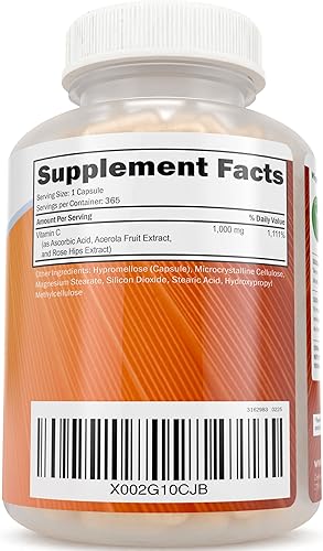 Miniatura 8 de Vitamina C 1000 mg 365 cápsulas, liberación de tiempo de 2 etapas con ácido ascórbico, bioflavonoide de cereza acerola, suministro de un año,