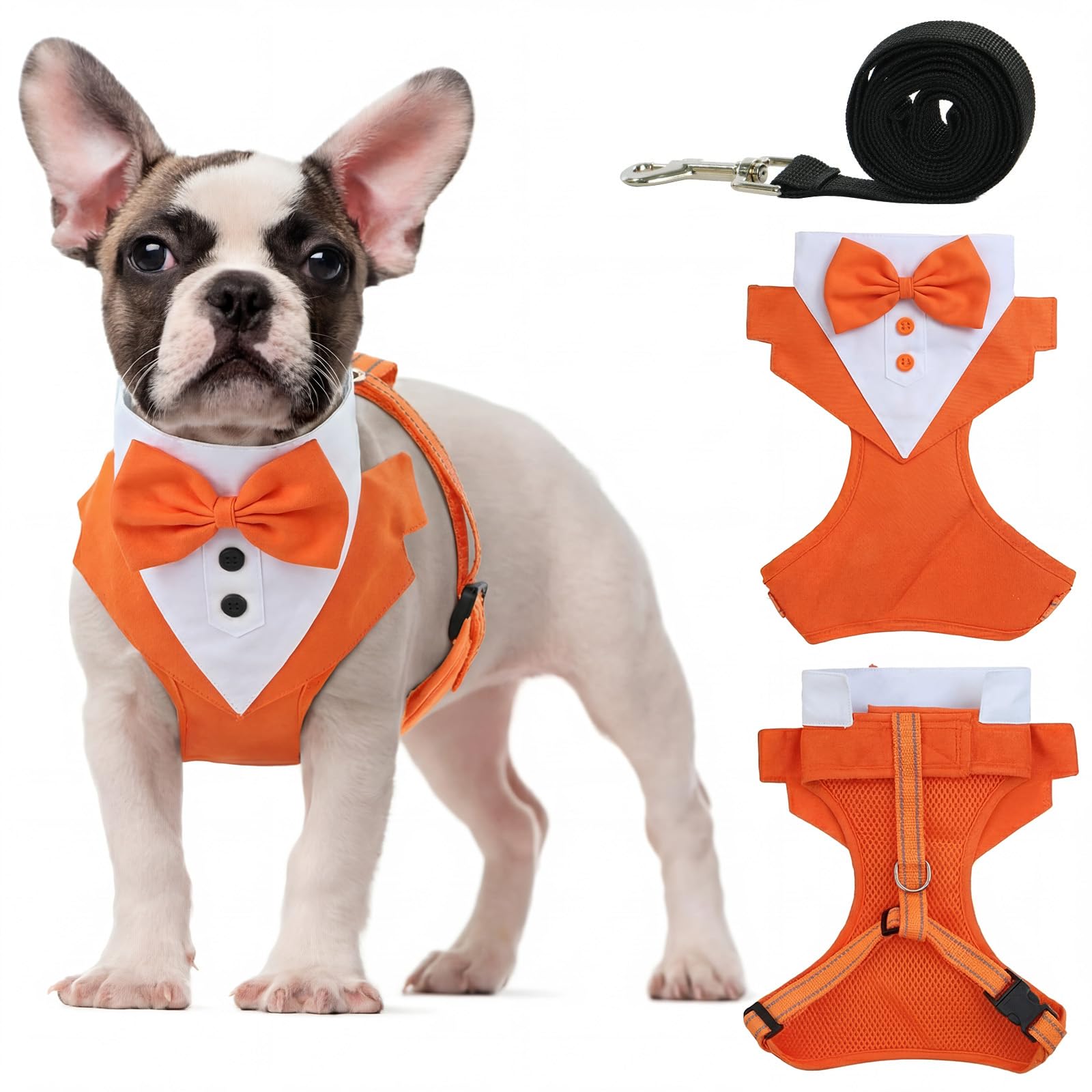 OUOBOB Tuxedo Dog Harness, Dog Vest with No Pull Dog Leash, Formal Puppy Harness with Bow Tie for Wedding, Breathable Mesh Dog Tuxedo Vest Harness for Small Medium Dogs, Birthday Walking (Orange, L)
