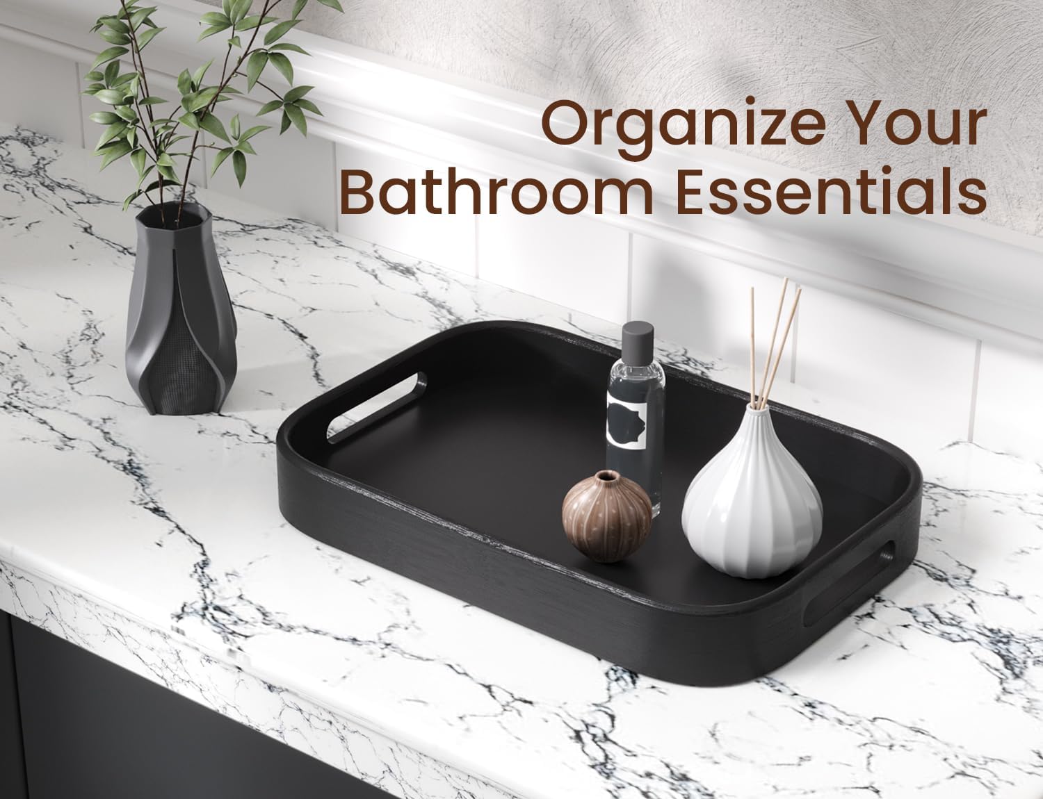 Bamboo Set of 2 Rounded Corners Serving Trays with Handles(Black)