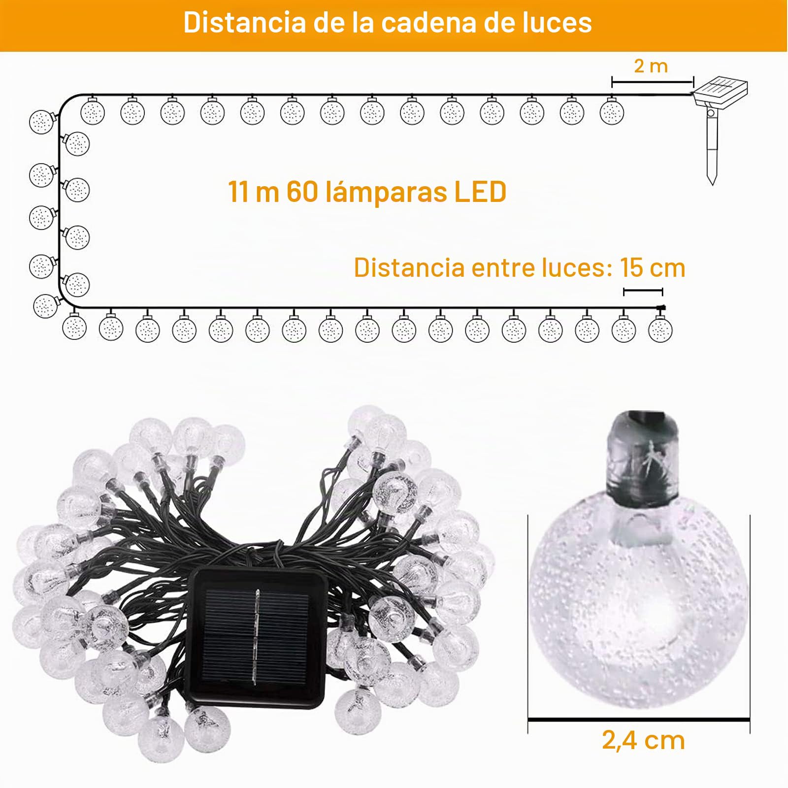 Auting Solaire LED Guirlandes,11m 60LED Guirnaldas Luces Exterior Solar Blanco Cálido 8 Modos & Impermeable Luces Navidad Exterior para Terraza, Fiestas, Jardines,Interior