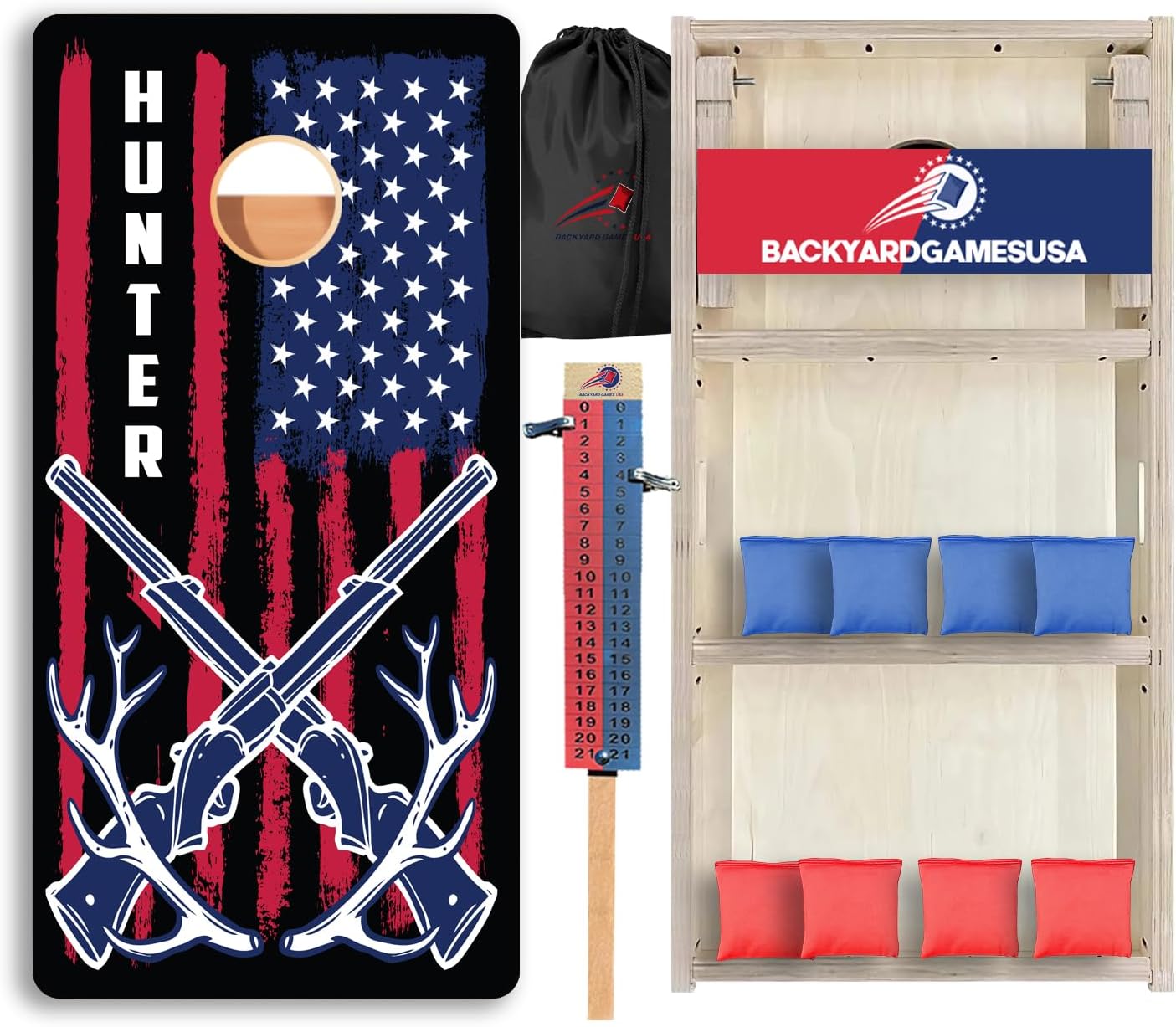 CornholeGamesUSA Pro Cornhole Boards Set | Made in USA | 3/4 Baltic Birch | No Bounce | Triple Thick Legs | Two Brace & Handles, Tournament 2x4 Regulation Set with Score Tower & Cornhole Bags