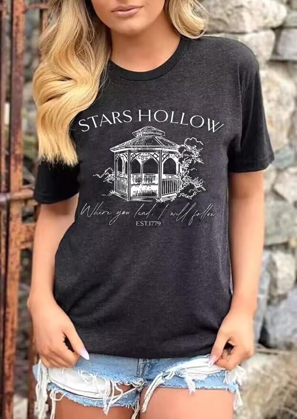 Stars Hollow T Shirt for Women Halloween Cute Fall Shirt Funny Print Letter Autumn Festival Short Sleeve Tee Tops