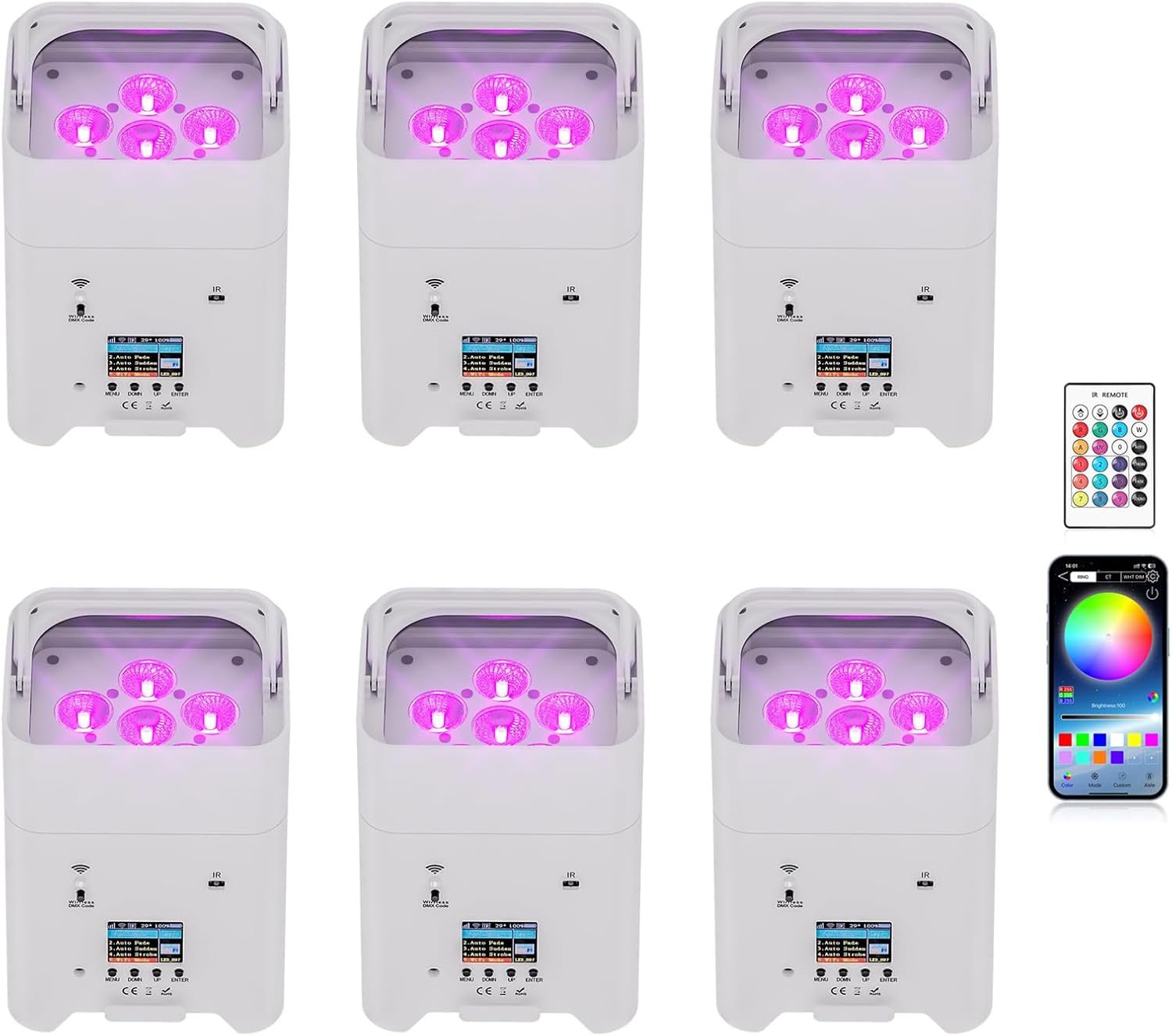 Battery Powered Stage Lights, 9600mAh Rechargeable Par Can Lights 6x18W RGBWA+UV APP/Remote/DMX512/Sound Activated, Uplights for Events Party Wedding DJ Concert Christmas Dance White 6Pcs