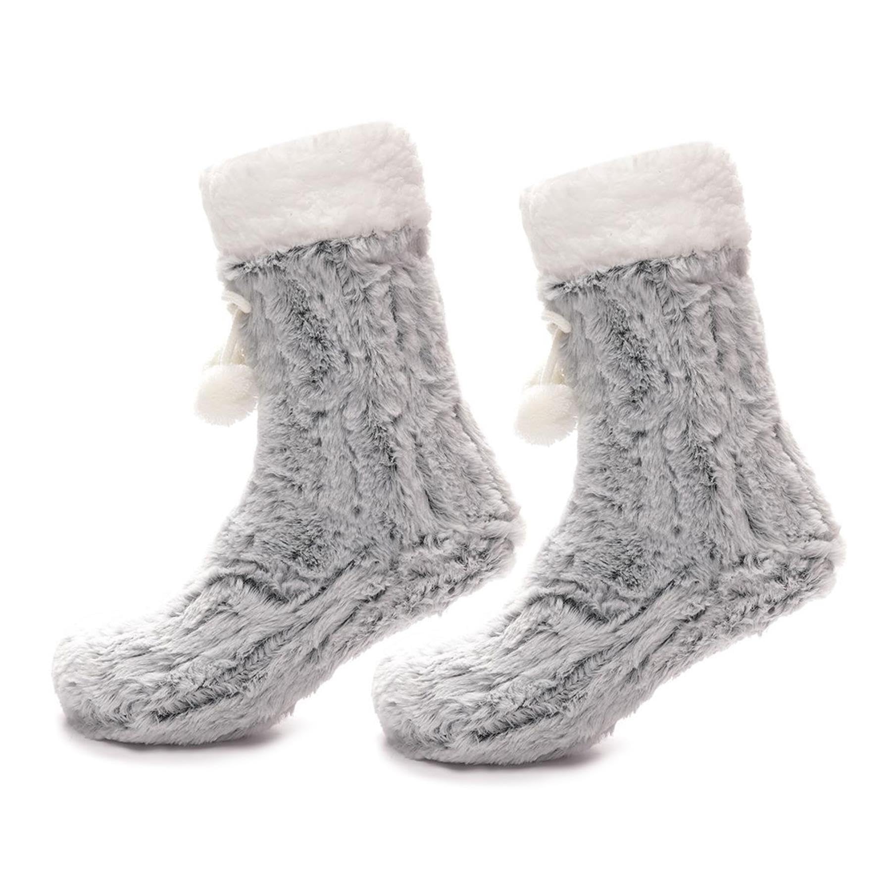 A2Z Ladies Furry Loung Socks Sherpa Lining Pompom Chunky Knit Fur - Socks LS1254 Grey 4-8