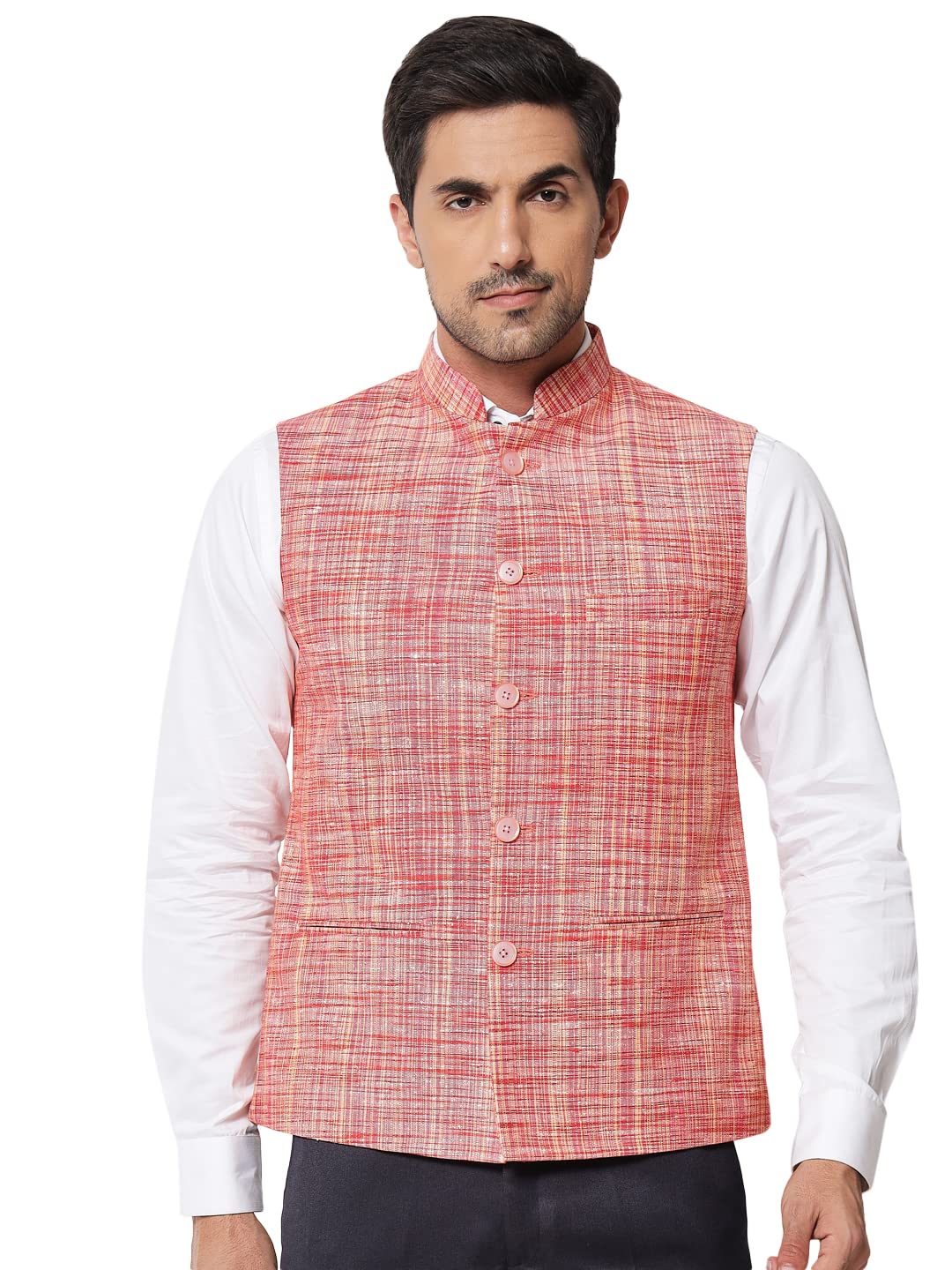 vastraa fusion Mens Handloom Small Check Cotton Nehru Jacket (Red)-picture-34